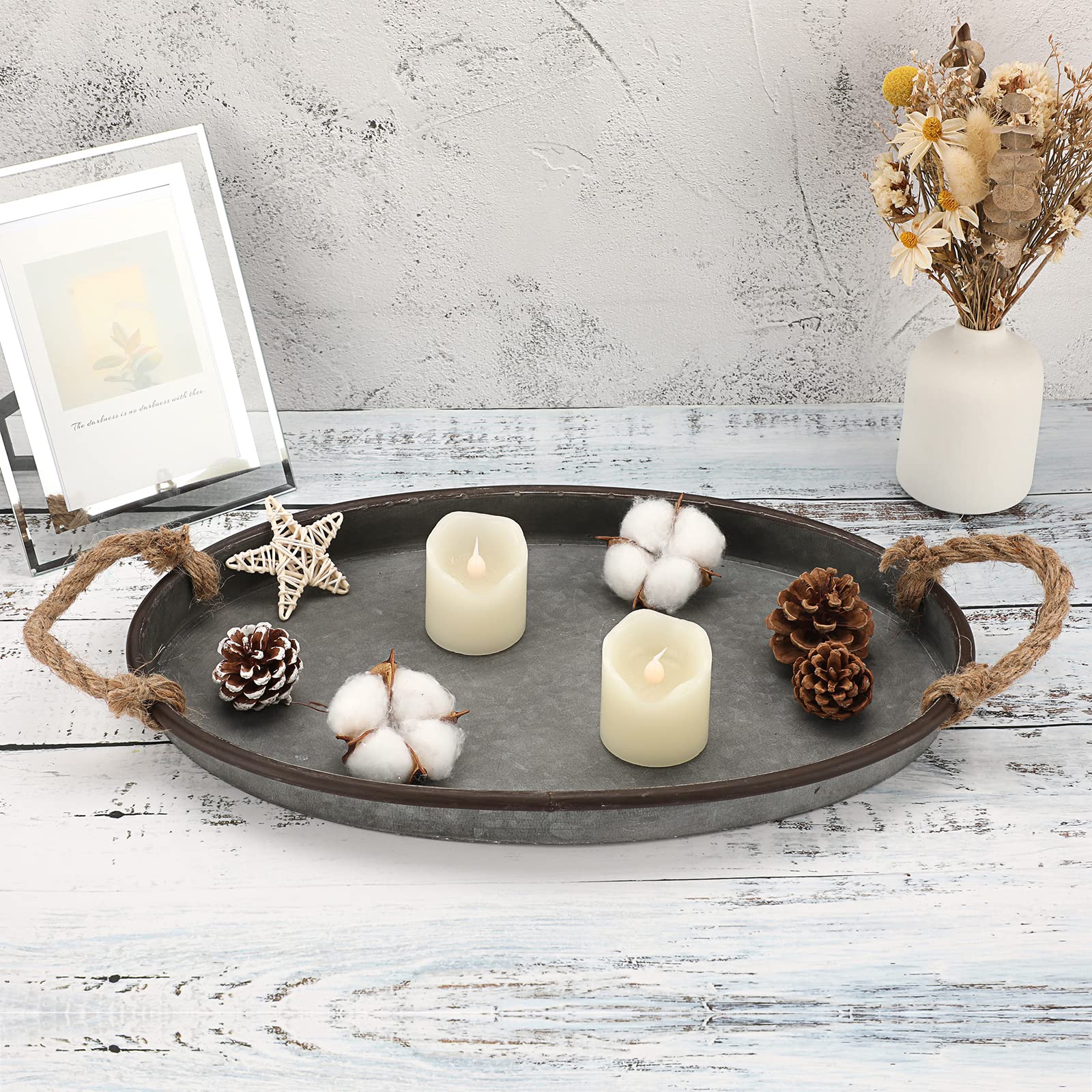 Galvanized Metal Oval Serving Tray with Rope Handle - Rustic Farmhouse Decor for Coffee Table, Weddings & Parties - Large Industrial Centerpiece for Home, Kitchen & Event Decorations