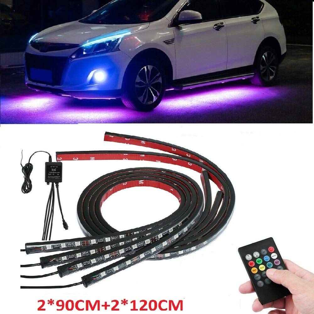 4pcs Car LED Strip Light Kit - 2x90cm + 2x120cm RGB Voice Control Interior & Exterior Car Lighting with Chassis Atmosphere Lights | Perfect for Car Decoration, Night Driving & Party Ambience