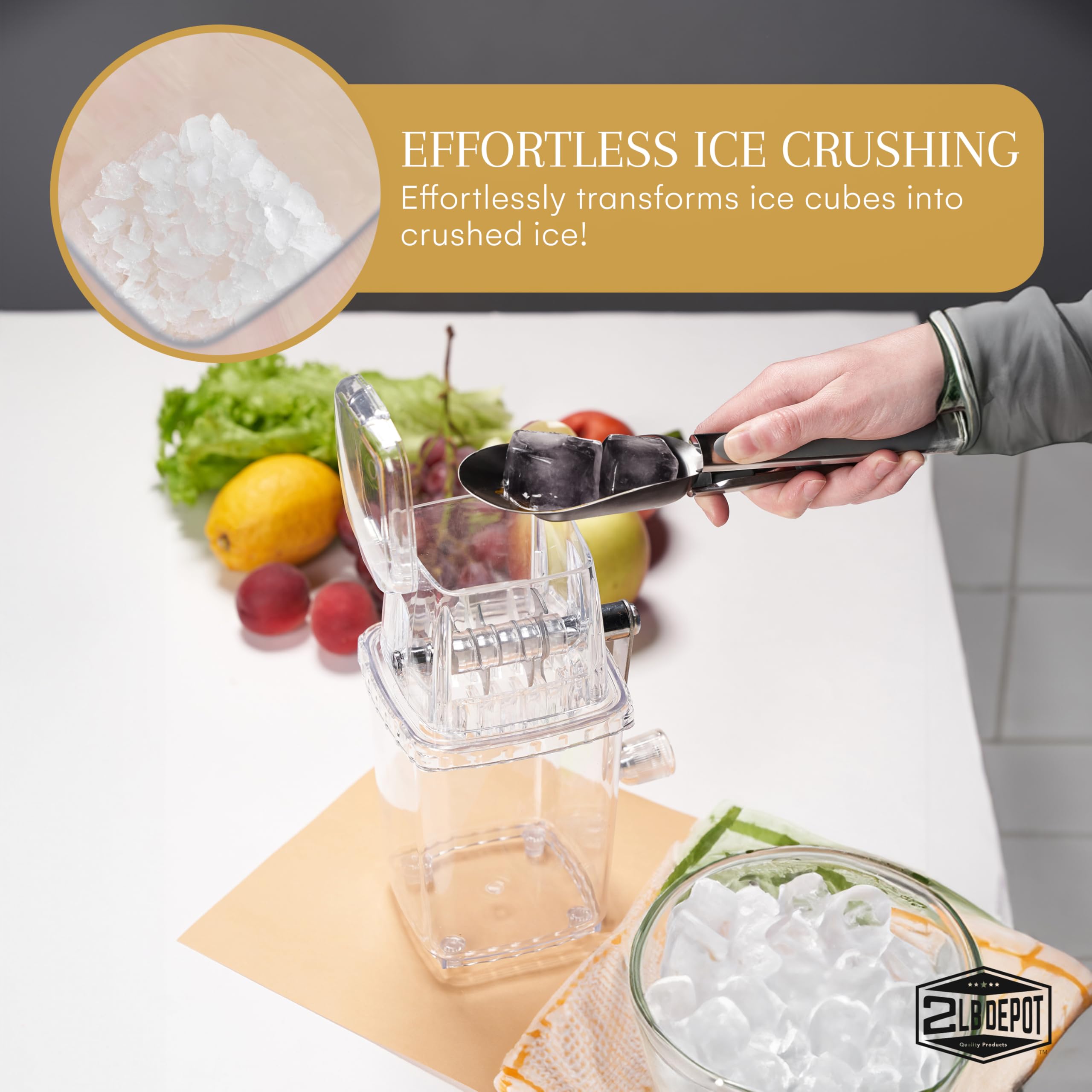 2LB Depot Portable Ice Maker - Manual Snow Cone Machine for Home & Commercial Use - Transparent Design with Stainless Steel Blades - Perfect for Shaved Ice, Snow Cones, Cocktails & Cold Drinks - Compact 9.2