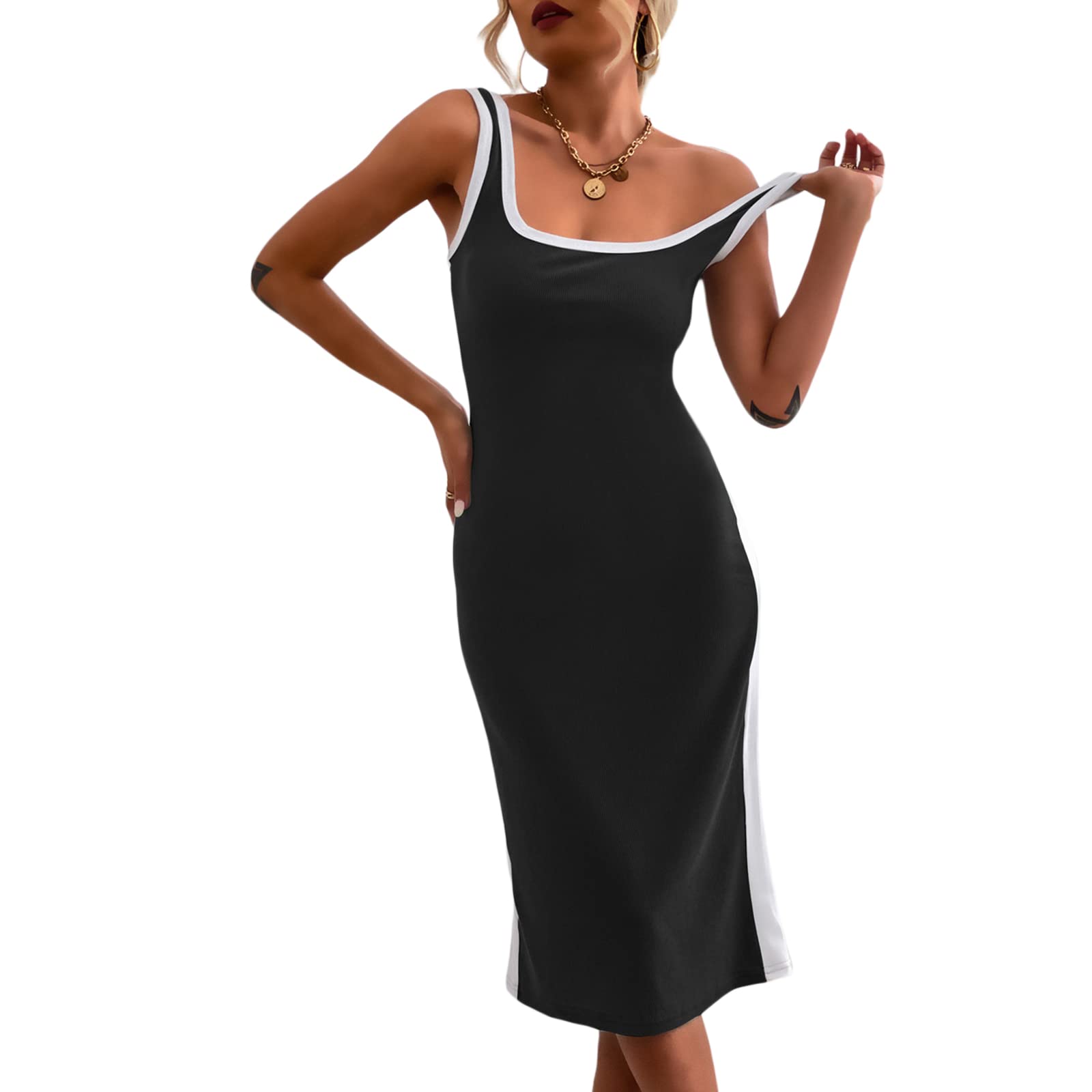 Sasaerucure Women's Sleeveless Ribbed Knit Bodycon Dress - U Neck Slim Fit Midi Dress, Solid Color Tank Dress for Casual Wear, Office & Party Outfits