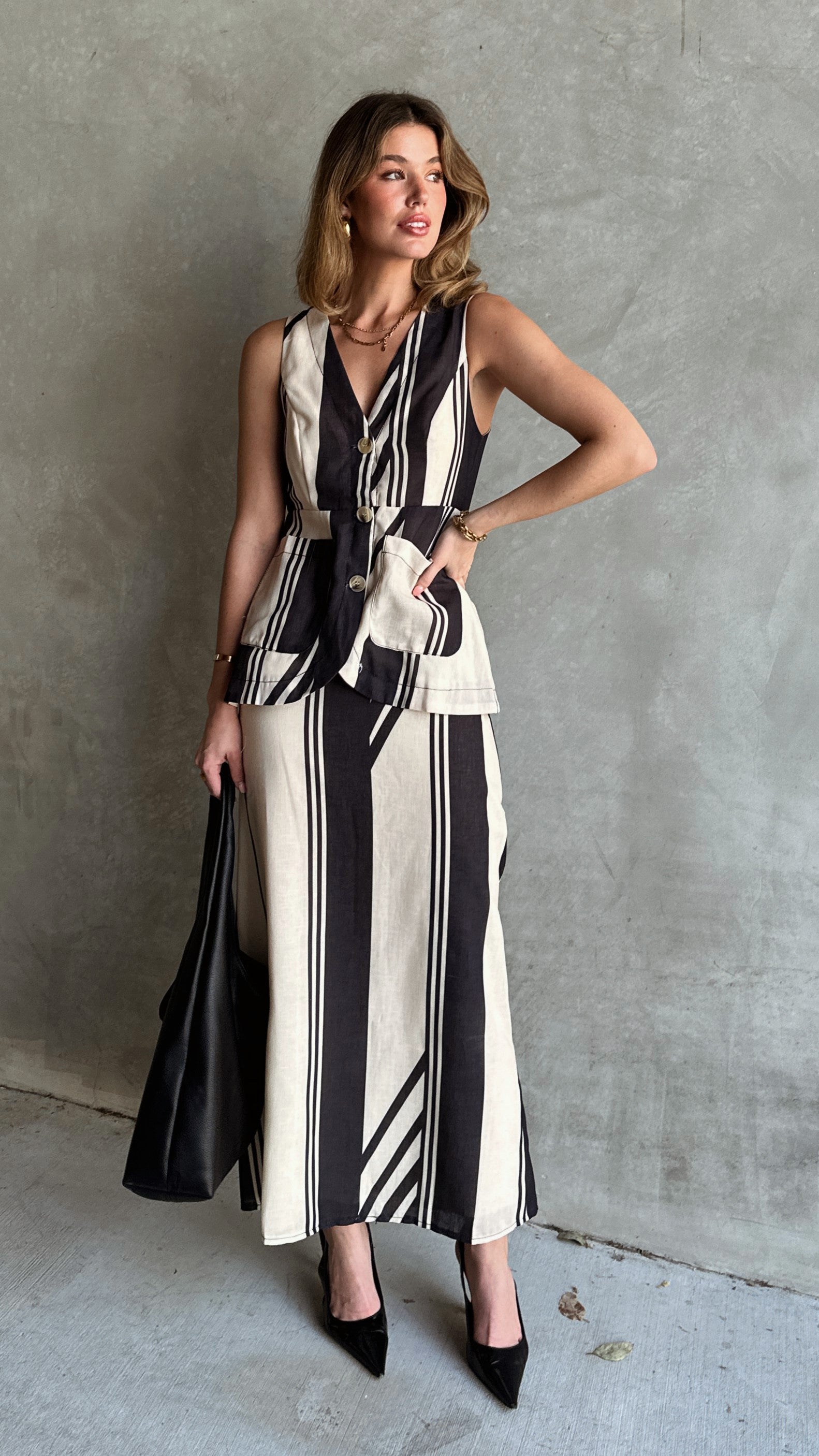 Jayme Midi Skirt - Black & Cream Striped Flowy Skirt for Women | Casual & Office Wear | Perfect for Work, Dates & Special Occasions
