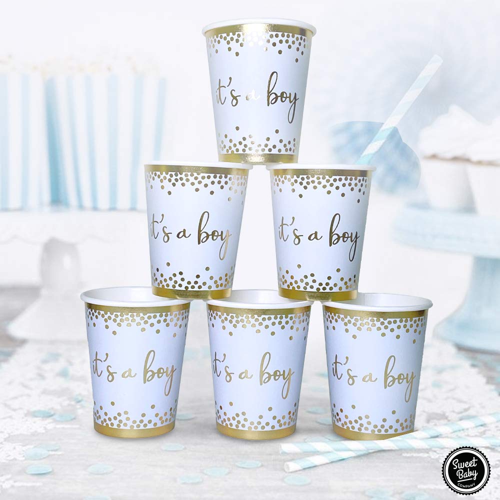 Sweet Baby Co. Oh Baby Boy Shower Party Supplies Set - 24-Pack Light Blue & Gold Its a Boy Paper Plates, Napkins, Cups - Gender Reveal & Baby Shower Tableware Decorations for Birthday Celebrations - Perfect for Baby Showers, Gender Reveal Parties & Newborn Celebrations