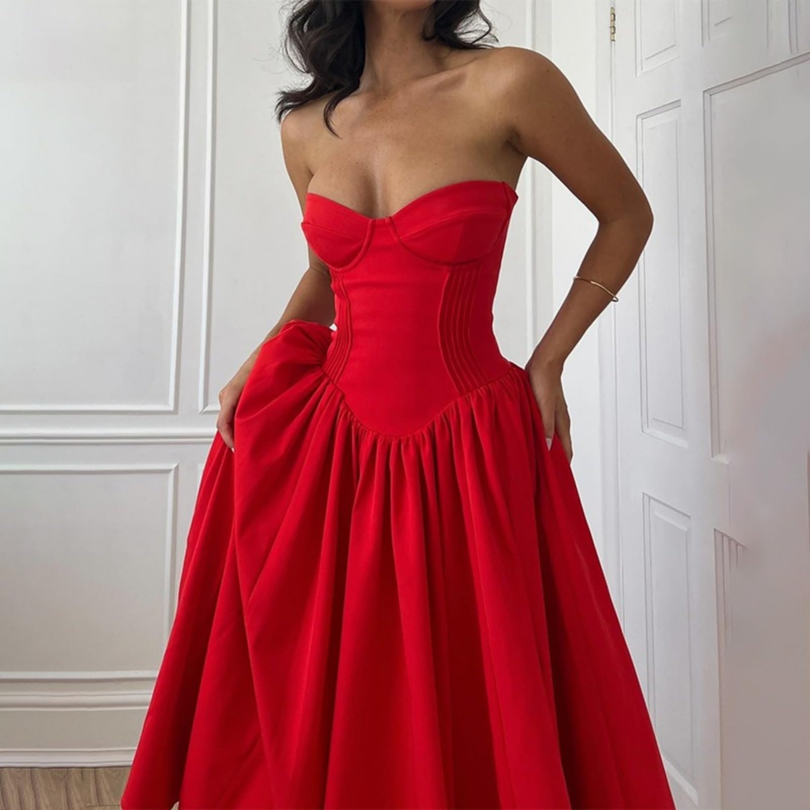 Elegant Solid Color Tube Midi Dress - Sleeveless Sweetheart Neck Cocktail Party Dress for Wedding Guest & Evening Events | Perfect for Formal Occasions, Date Nights & Special Celebrations