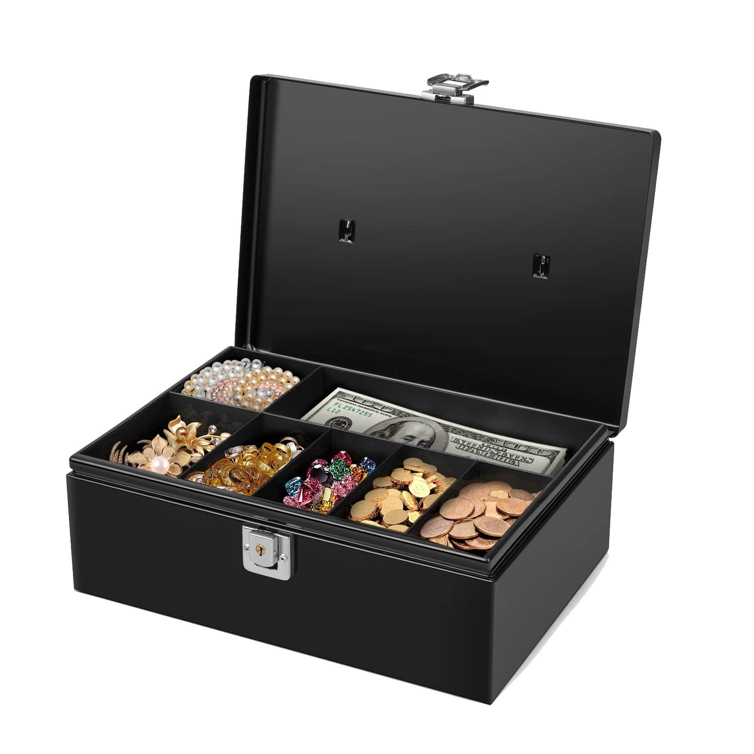 Secure Metal Cash Box with Lock & Key - 11x7.7x3.5 Inch Money Storage Box with 7-Compartment Tray for Small Business, Office, Home & Retail Use - Black Petty Cash Safe for Bills, Coins & Valuables