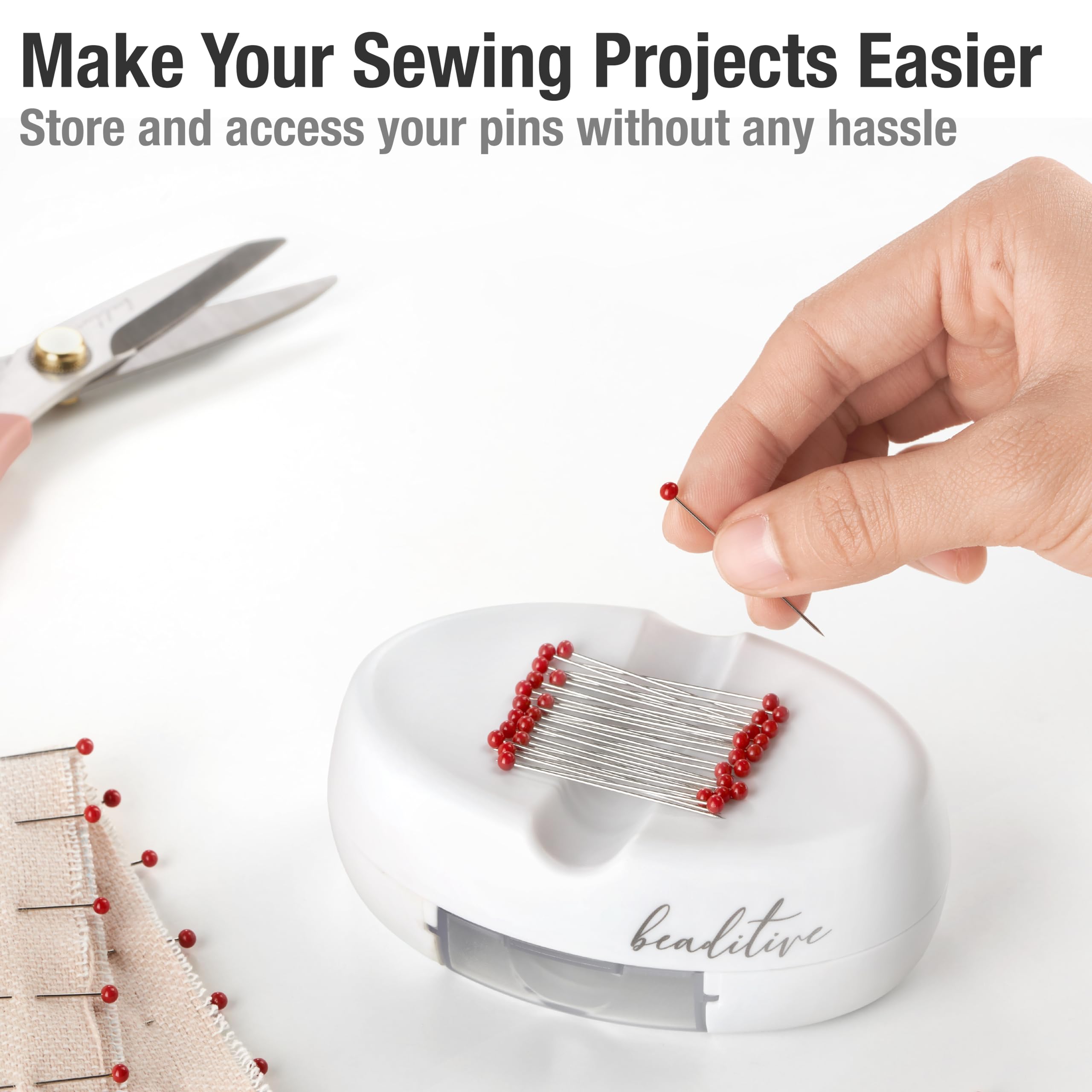 Beaditive Magnetic Pin Cushion with Drawer - Strong Magnet Holder for Sewing, Quilting & Crafts - Includes 50 Glass Head Pins - Organize Needles, Paper Clips & Small Tools - Perfect Sewing Accessory for Home & Studio - White