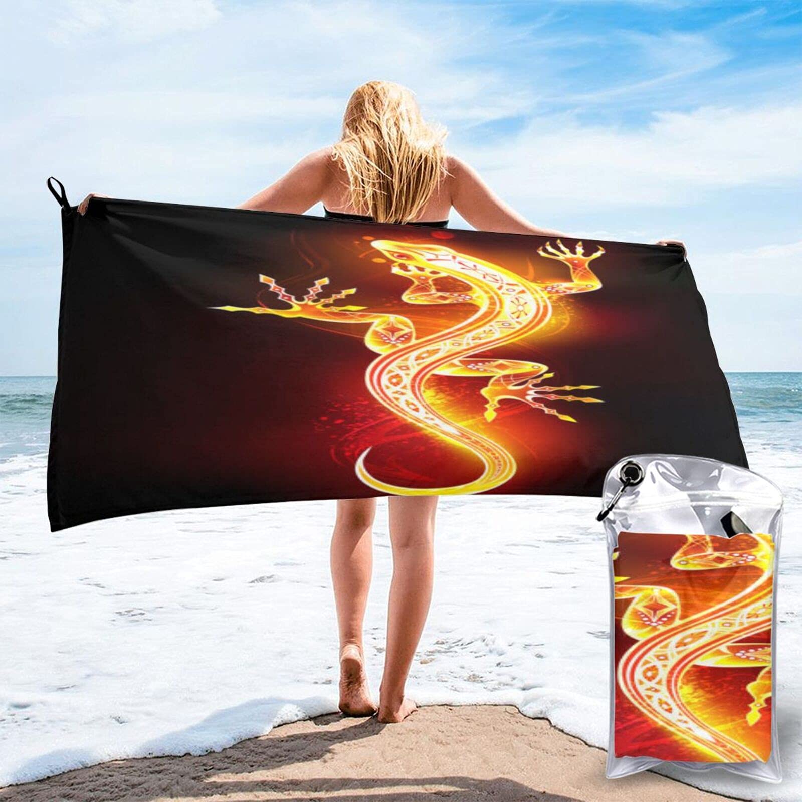 Quick Dry Beach Towel - Ultra Absorbent & Lightweight Salamander Design Bath Towel for Swimming, Yoga, Gym, Travel & Camping | Perfect for Pool, Beach, Water Sports & Bathroom Use