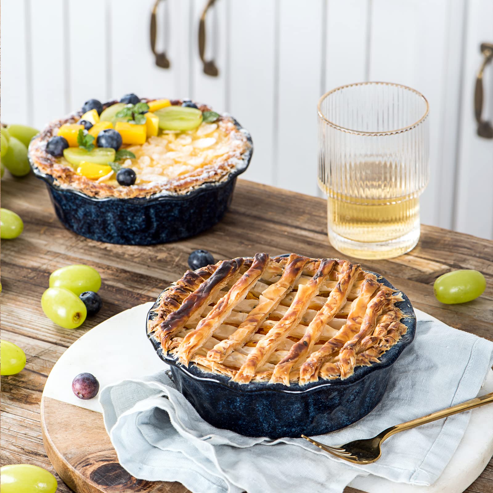 Vicrays 5.5 Inch Ceramic Pie Pan Set of 6 - Deep Dish Round Baking Dish for Apple Pie, Cake, Tart, Pizza - Microwave & Oven Safe Mini Serving Bowls - Perfect for Desserts, Pot Pies & Casseroles - Blue