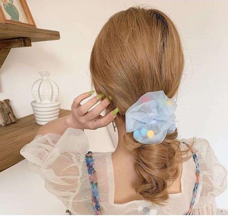 Honbon Soft, Light & Non-Slip Chiffon Scrunchies with Mesh Pom Pom Balls - 12 Pack Colorful Hair Ties for Women & Girls (Thin/Thick Hair) - Perfect for School, Work, Parties & Everyday Styling
