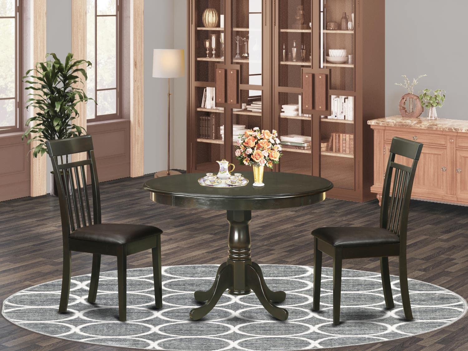 Modern 3-Piece Dining Table Set with Round Wooden Pedestal Table & 2 Faux Leather Chairs - 42x42 Inch, Cappuccino - Perfect for Small Spaces, Breakfast Nooks & Contemporary Dining Rooms