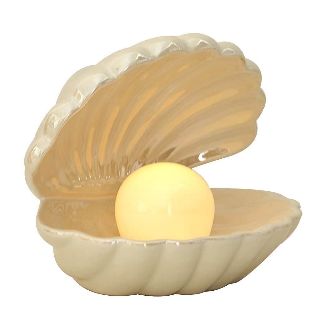 Pearl LED Night Light Jewelry Tray - Ceramic Shell Pearl Table Lamp for Bedroom & Living Room Decor, Housewarming Gift - Perfect for Nightstands, Vanity Tables & Home Decoration (White)