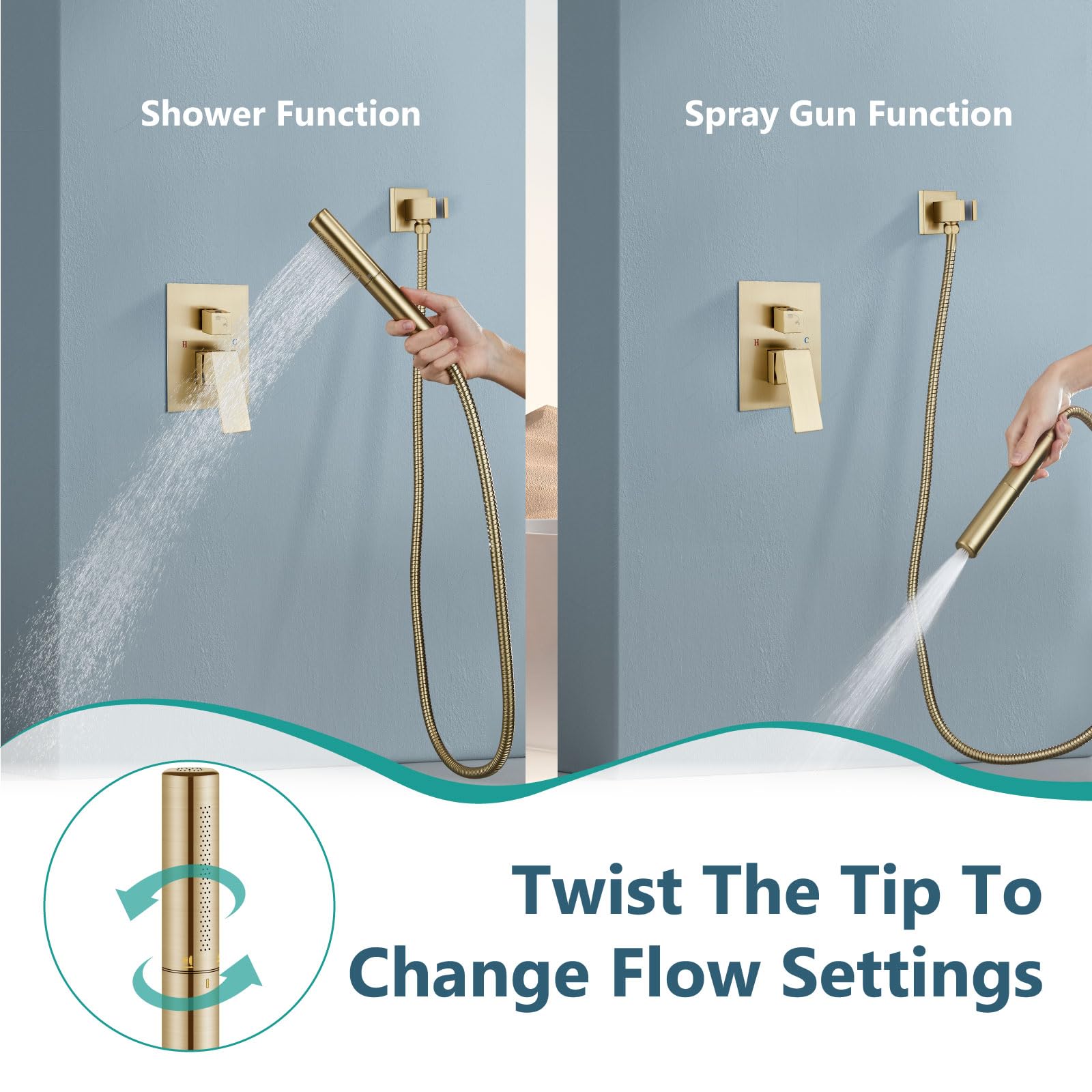 Aolemi 12 Inch Brushed Gold Shower System - High Pressure Rainfall Shower Head & Handheld Spray Combo with Wall Mount & 2-in-1 Rough-in Valve | Perfect for Luxury Bathroom Renovation & Spa-Like Shower Experience