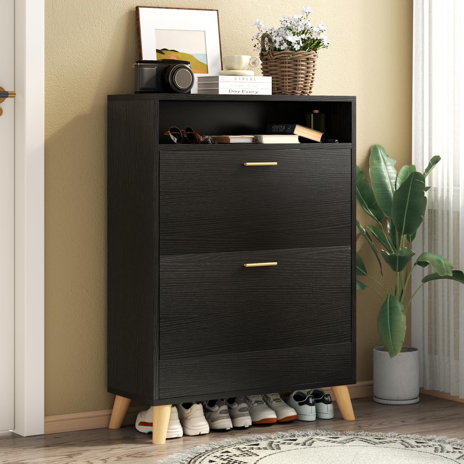 3-Tier Shoe Storage Cabinet with Flip Drawers - Space Saving Entryway Shoe Organizer for Closet, Hallway & Bedroom (Dark Black) | Narrow Shoe Rack with Hidden Doors & Free Standing Design