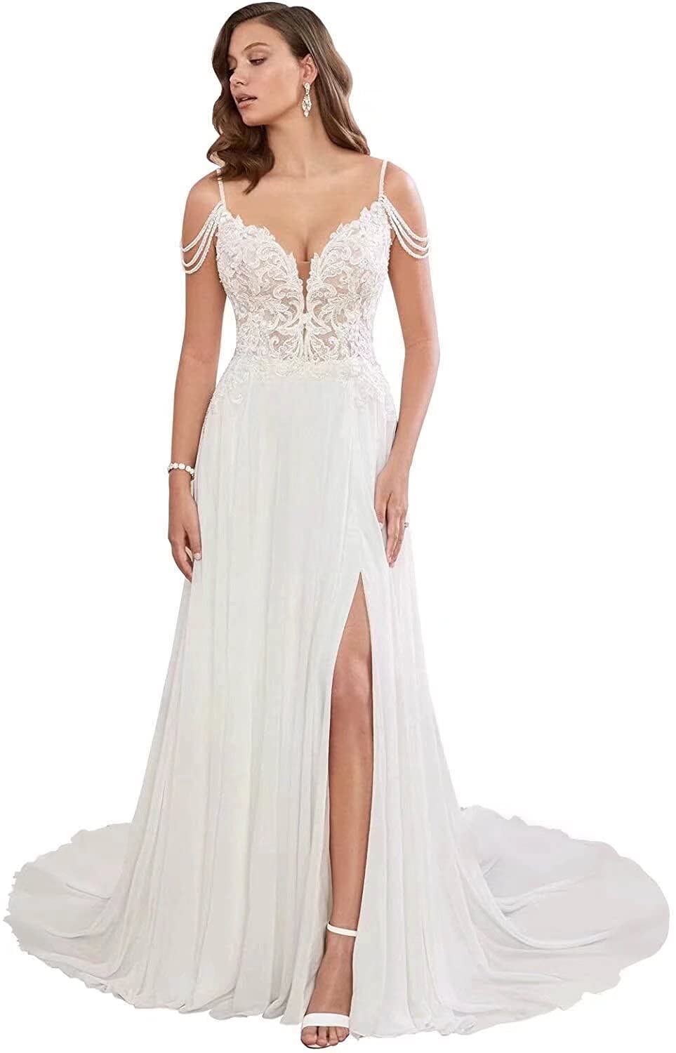 Elegant Women's Lace Beach Boho Wedding Dress - Long Chiffon Bridal Gown with Side Slit for Beach Weddings, Boho Chic Ceremonies & Formal Occasions