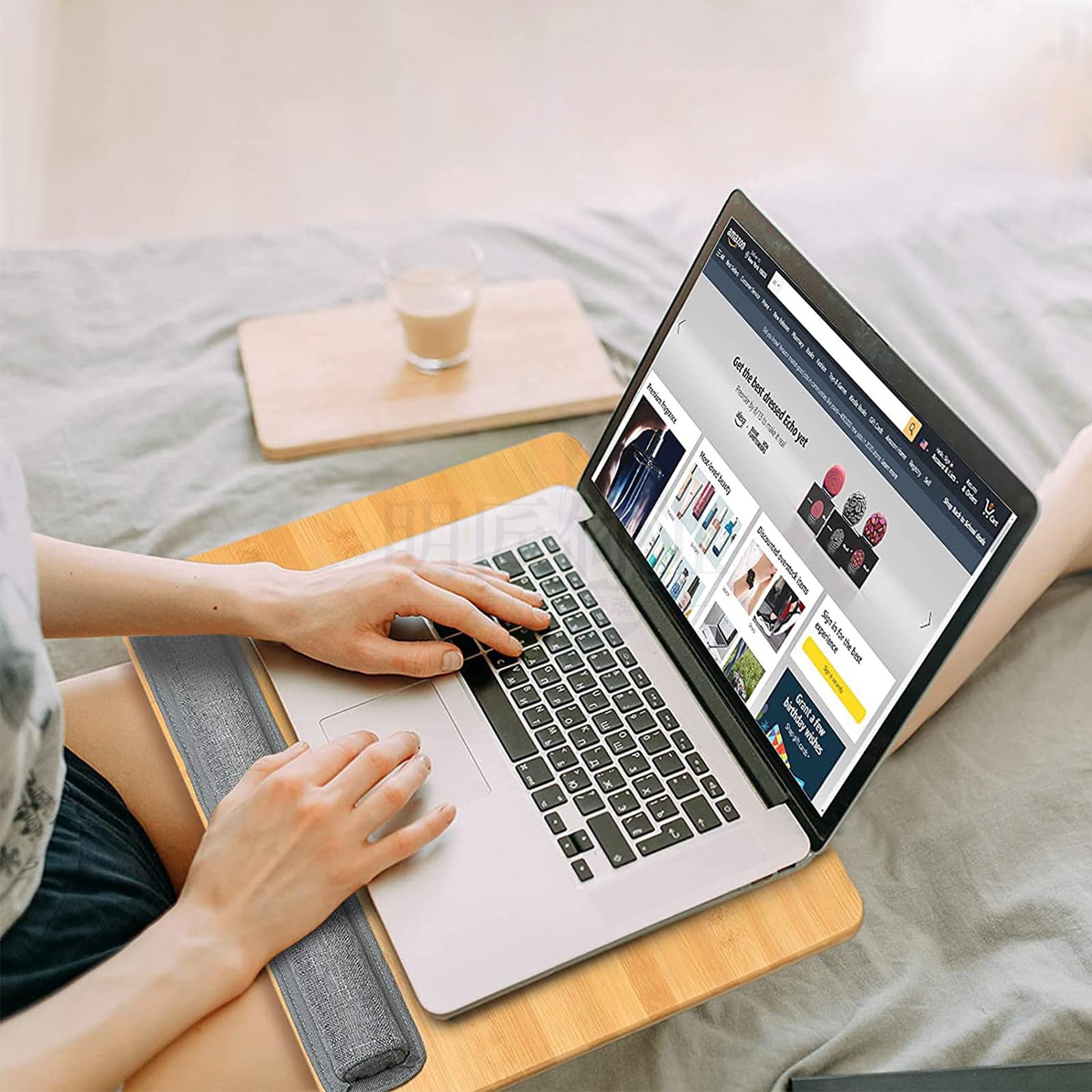 Ergonomic Bamboo Lap Desk for Laptop with Cushion & Anti-Slip Strip - Portable 15.6