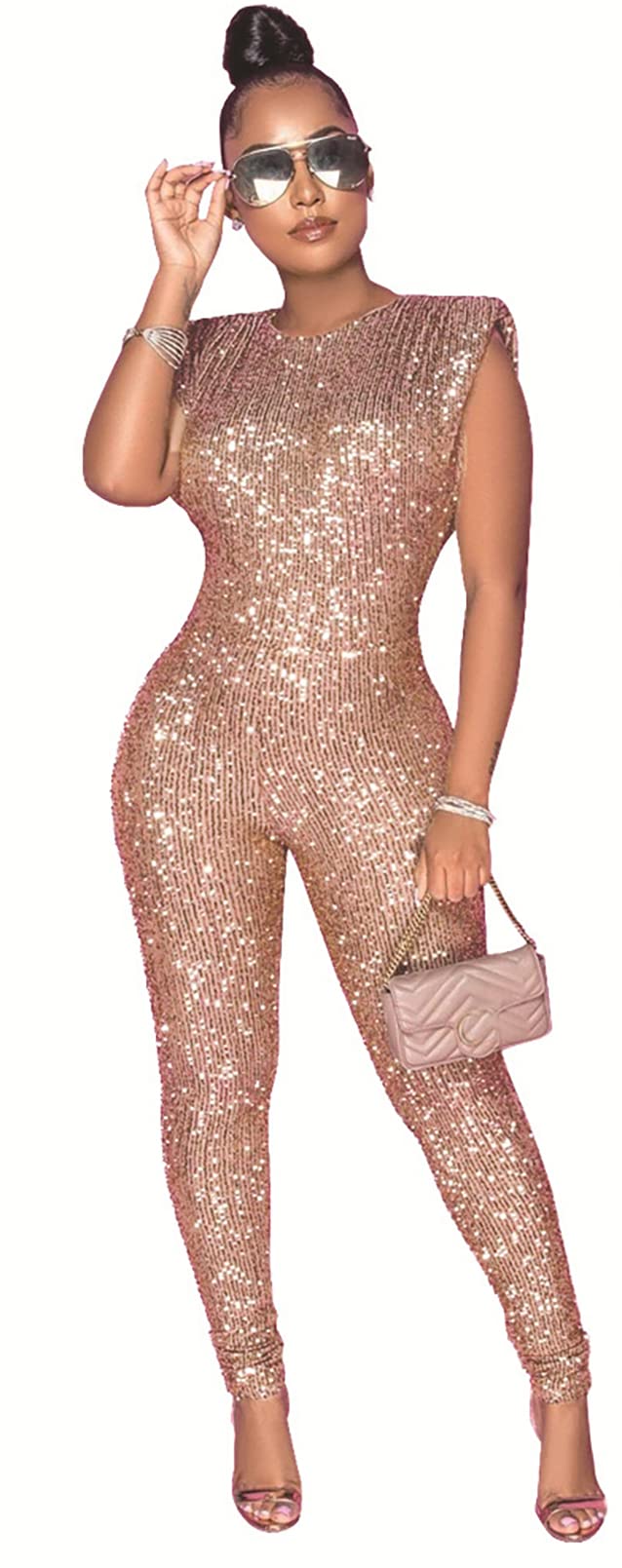 Women's Sexy Sleeveless O-Neck Sequins Bodycon Jumpsuit | Clubwear & Party Outfit | Perfect for Nightclubs, Cocktail Parties & Special Events