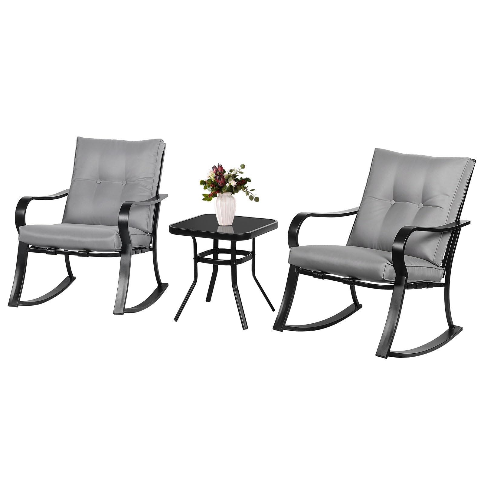 Crownland 3-Piece Outdoor Patio Set - Black Iron Rocking Chairs with Thickened Grey Cushions & Glass Coffee Table - Perfect for Garden, Porch, and Backyard Relaxation