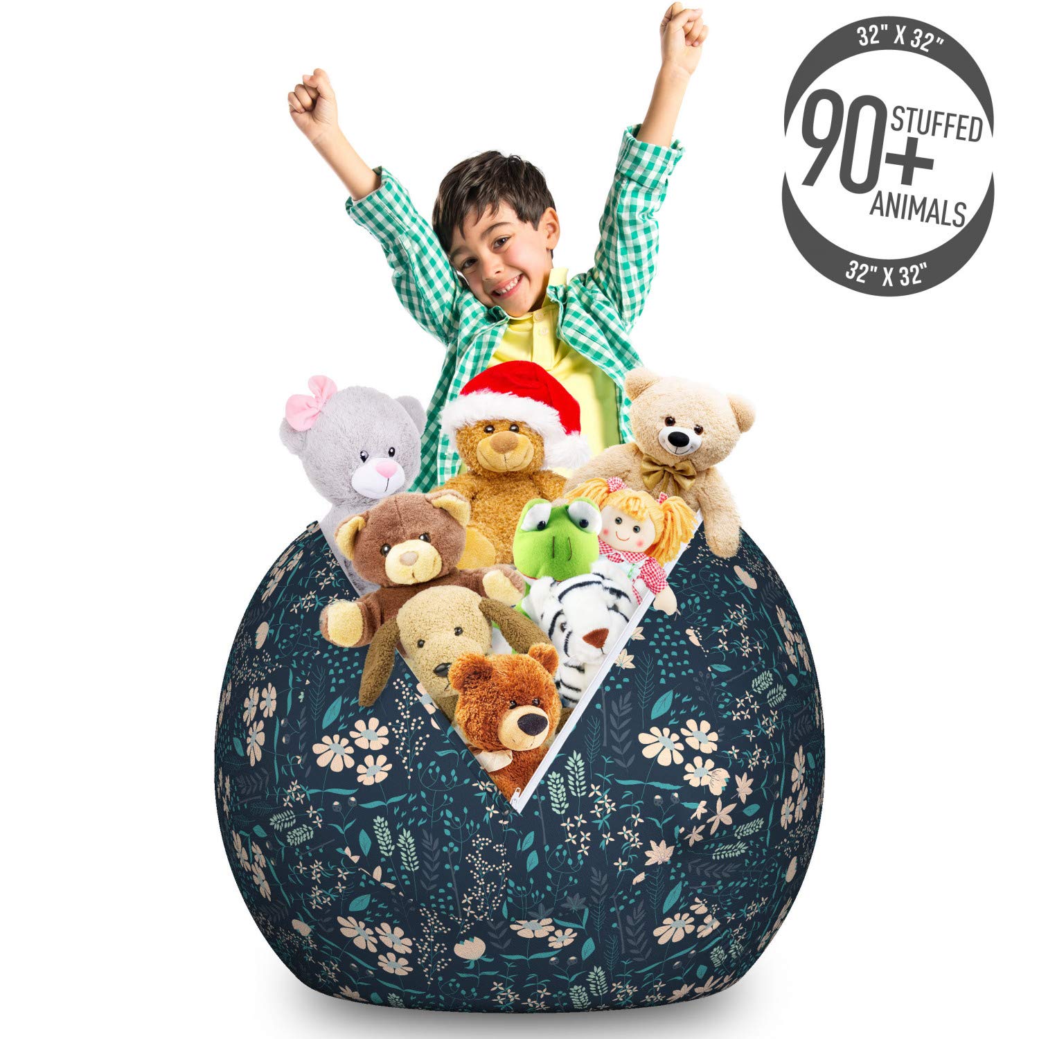 Ambesonne Floral Storage Toy Bag Chair - Large Washable Stuffed Animal Organizer with Botanical Flower & Herb Design in Petrol Blue Peach | Perfect for Kids' Room, Nursery, Playroom & Pet Toy Storage