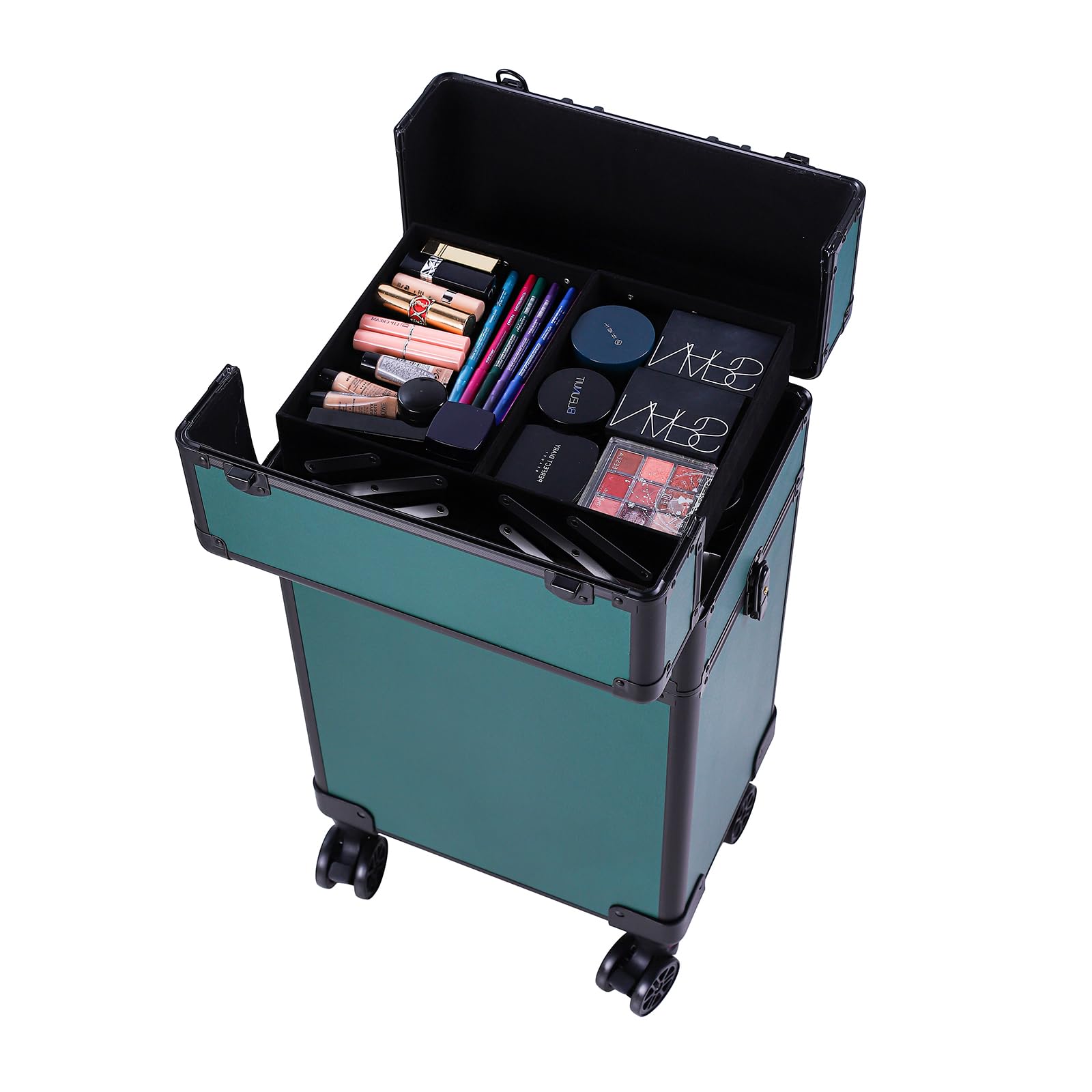 Karl Home 4-in-1 Makeup Train Case Rolling Cosmetic Trolley - Large Capacity Professional Beauty Organizer with 360° Swivel Wheels & Lock - Perfect for Traveling Hairstylists, Makeup Artists & Nail Tech Students (Dark Green) | Ideal for Salon Professionals, Beauty School & On-the-Go Makeup Storage