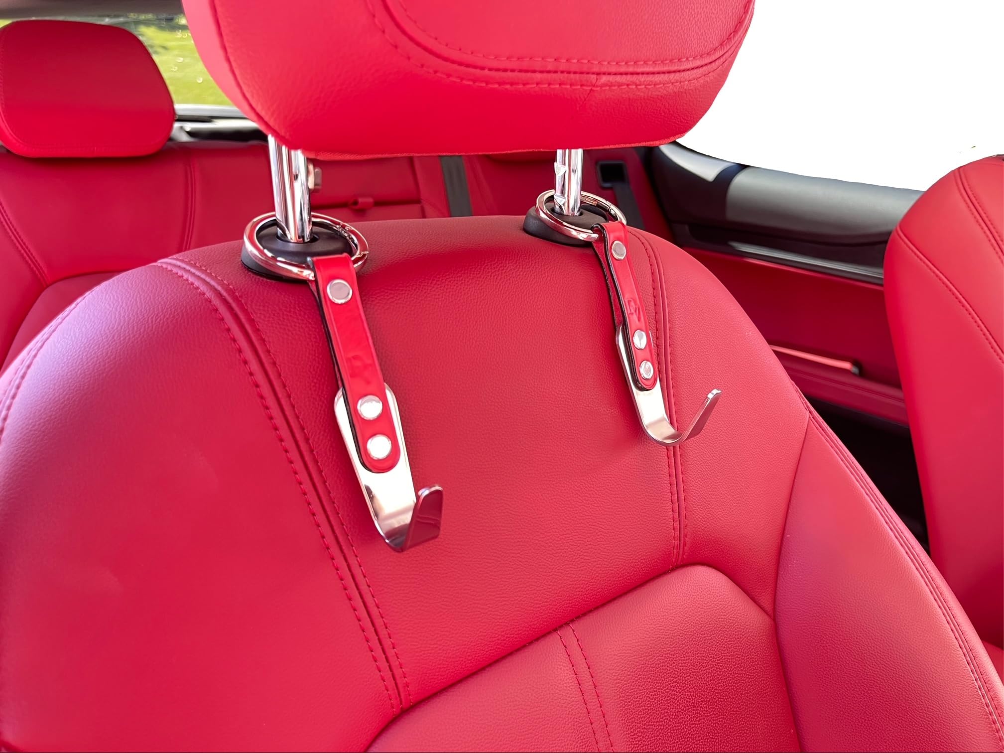 Premium 2-Pack Leather Car Headrest Hooks with Stainless Steel - Universal Vehicle Seat Organizer for Handbags, Purses & Accessories - Perfect for Road Trips, Shopping & Daily Commute (Pink)