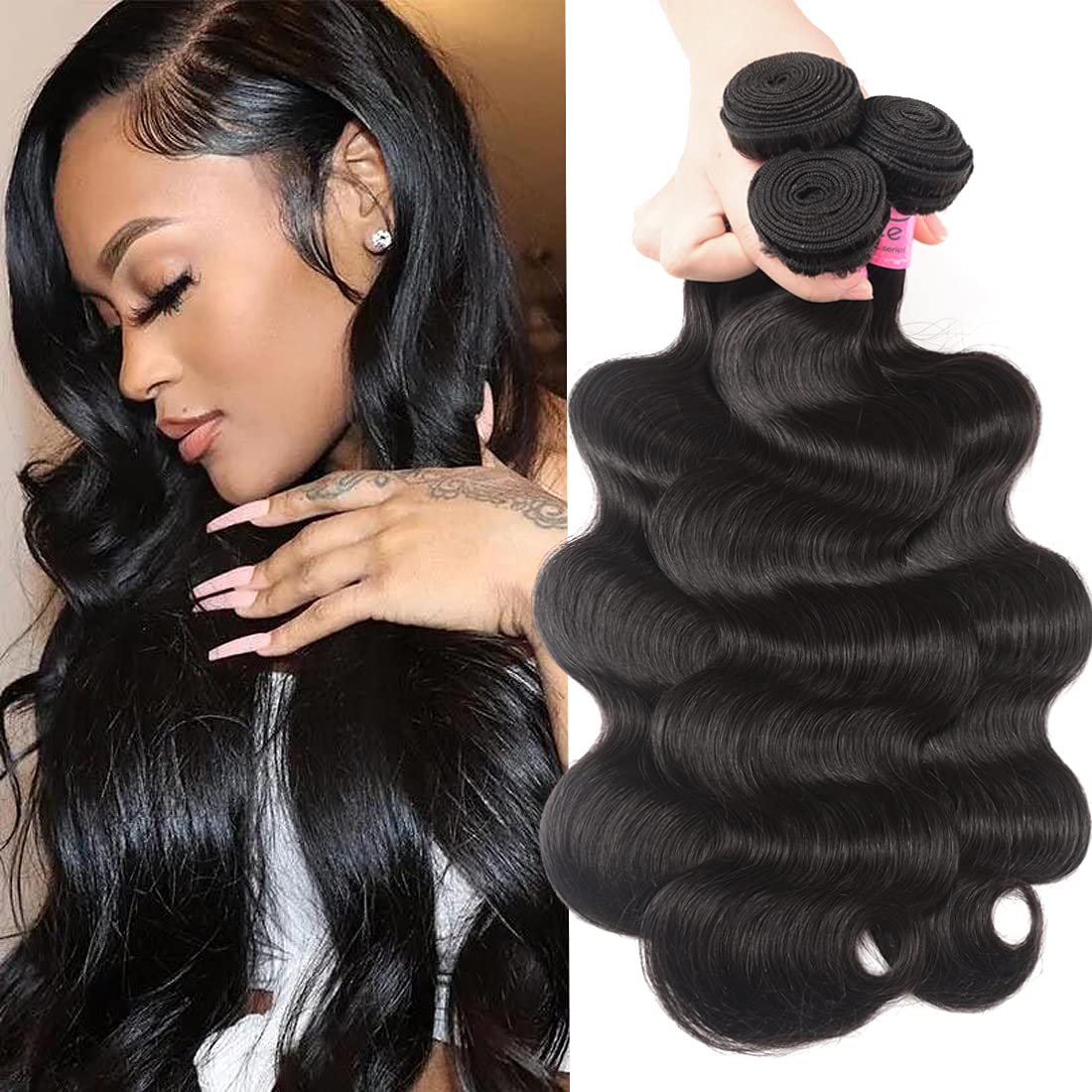 UNice 8A Indian Body Wave Virgin Hair Extensions - 3 Bundles 100% Unprocessed Human Hair Weave (12/14/16 Inch) Natural Black for Women | Perfect for Daily Wear, Parties & Special Occasions