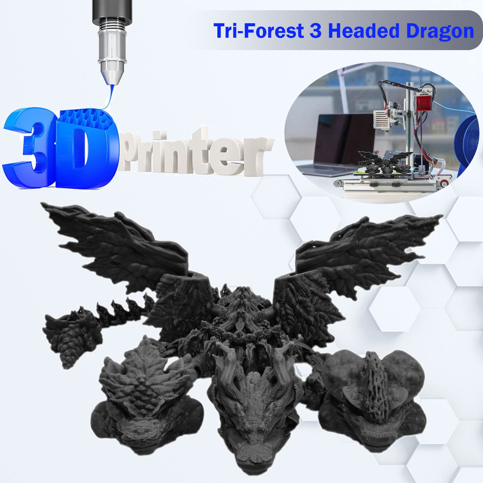 3D Printed Articulated Three-Headed Dragon Toy - Ancient Mythical Beast Monster with Deformable Joints, Anti-Anxiety Action Figure for Collectors (Warriors Black, 15.7 Inch) - Perfect for Home Decor, Fantasy Collections, and Stress Relief Gifts