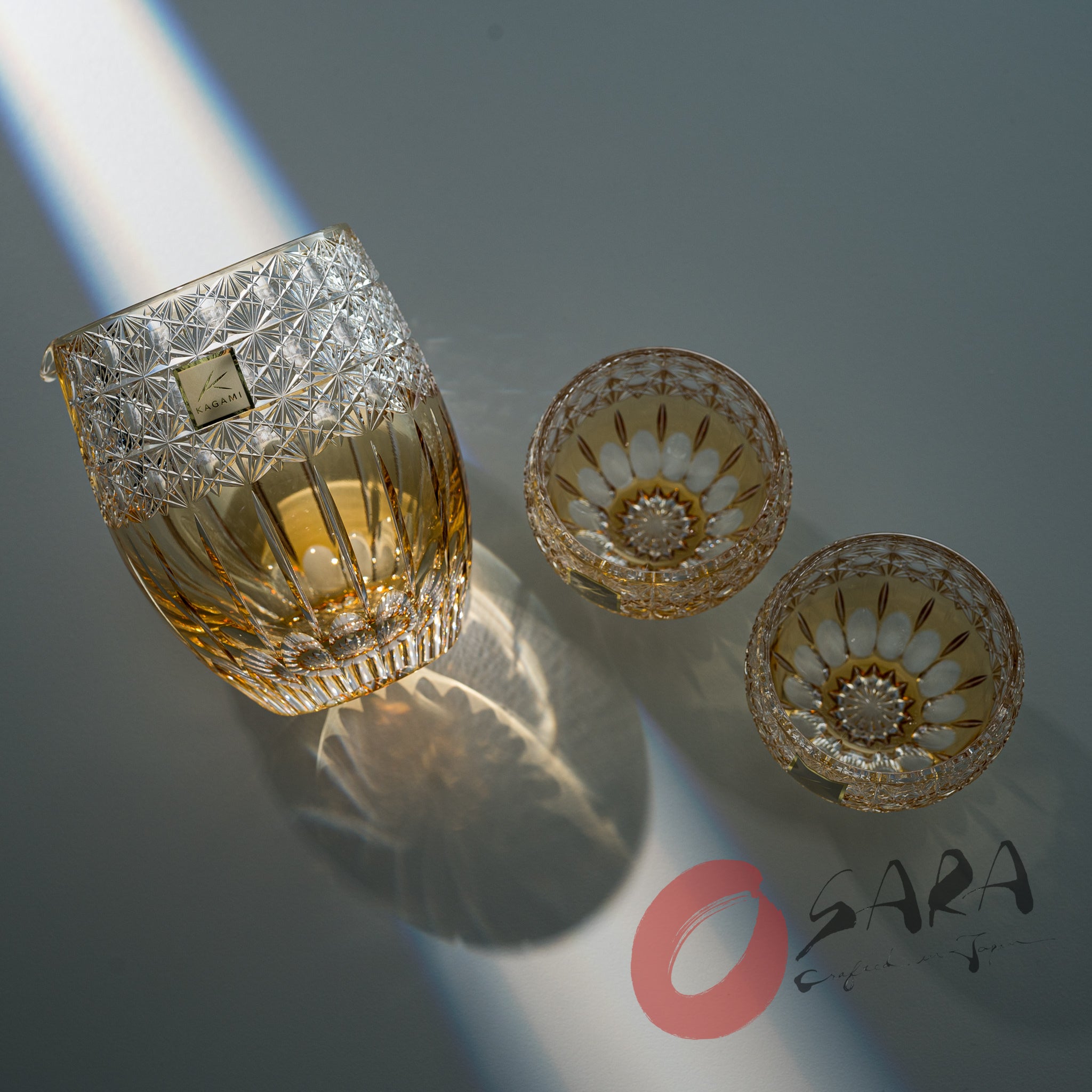 KAGAMI Crystal Edo Kiriko Sake Set - Dazzling Wind (Junichi Nabetani) - Premium Japanese Handcrafted Glass Sake Cups & Decanter Set for Gifts, Special Occasions & Japanese Dining Experience