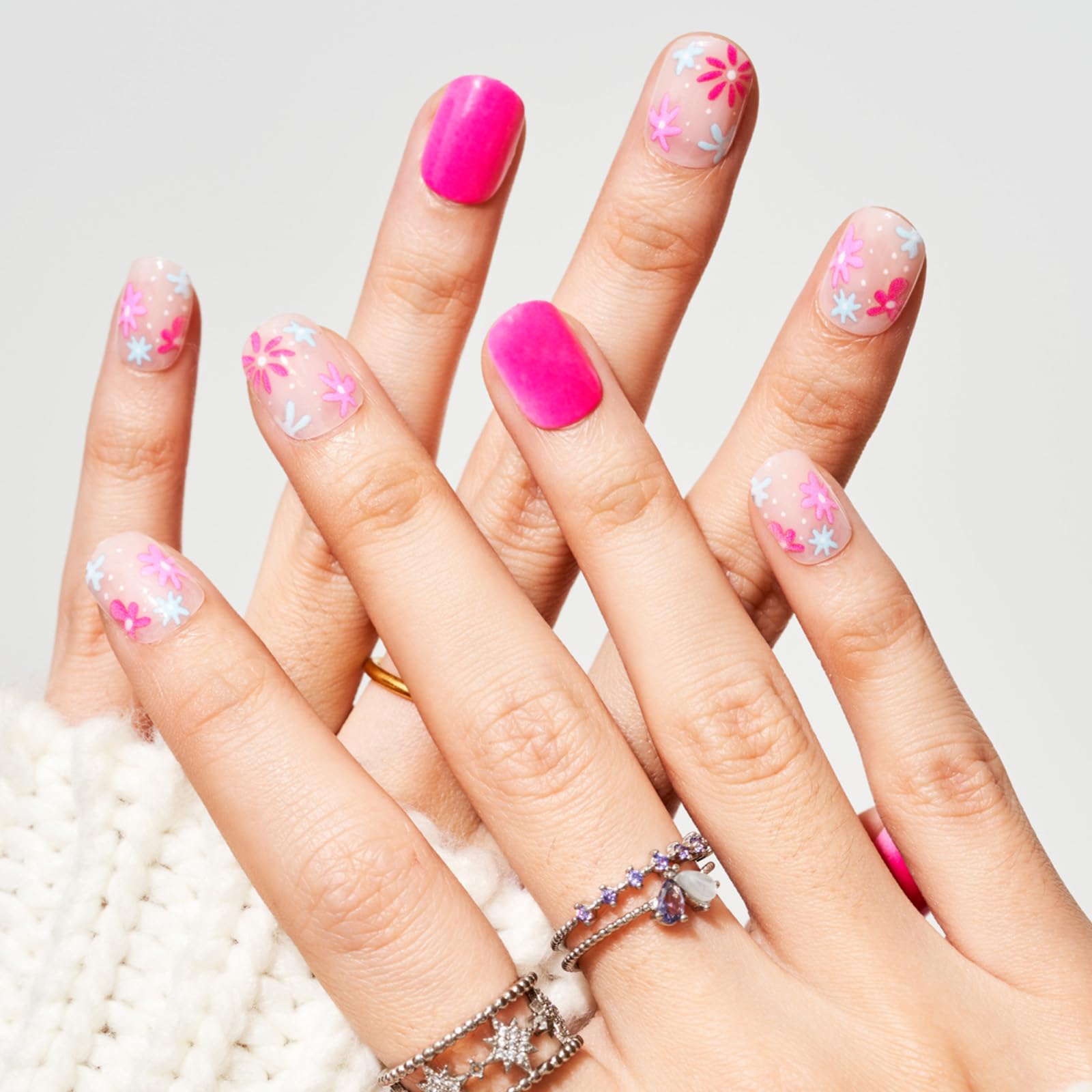 GLAMERMAID 24Pcs Press on Nails Extra Short Squoval - Spring Summer Hot Pink Flower Gel Fake Nails with Glossy UV Finish | Reusable Acrylic False Nails Manicure Kit for Women | Perfect for Parties, Weddings & Everyday Wear