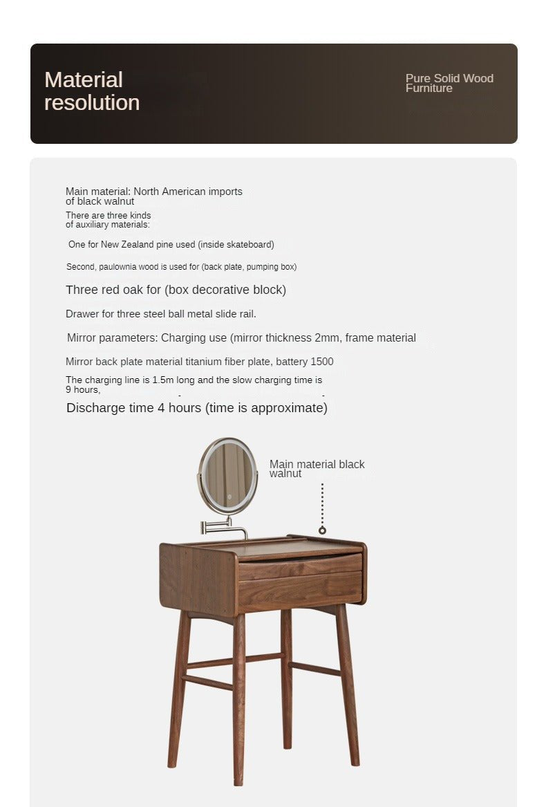 Premium Black Walnut Solid Wood Vanity Dresser with Mirror | Elegant Makeup Dressing Table for Bedroom & Bathroom | Natural Wooden Vanity Desk with Storage