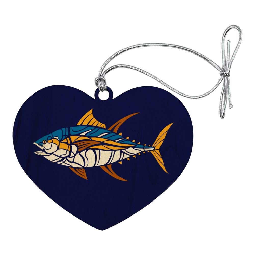 Tuna Fish Design Heart Love Wood Christmas Tree Ornament - Handcrafted Holiday Decoration for Xmas Tree, Home, Office & Gift Giving