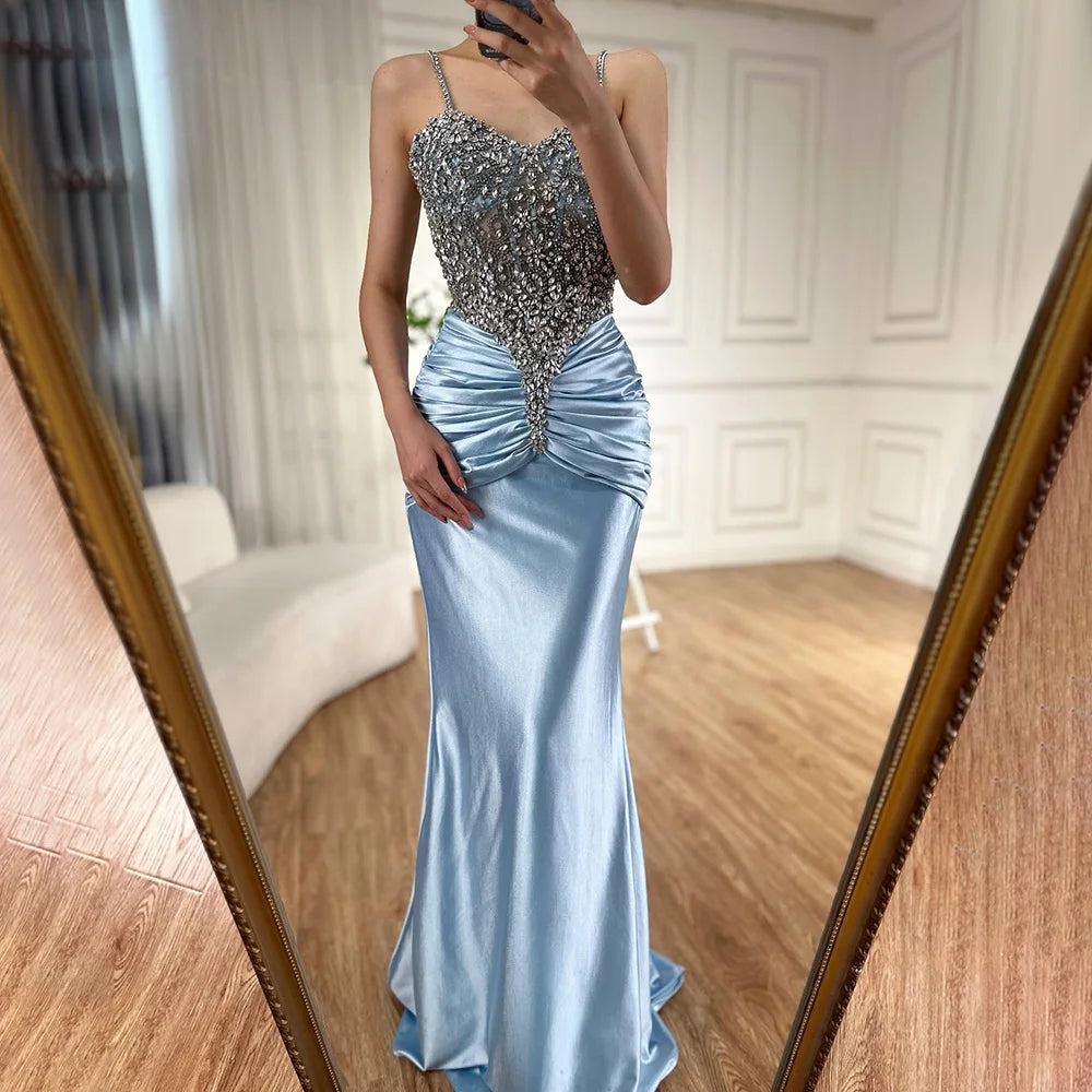 Luxury Dubai Arabic Blue Spaghetti Strap Satin Mermaid Gown - Beaded Saudi Evening Dress for Formal Occasions, Weddings, Prom & Red Carpet Events | LA72729