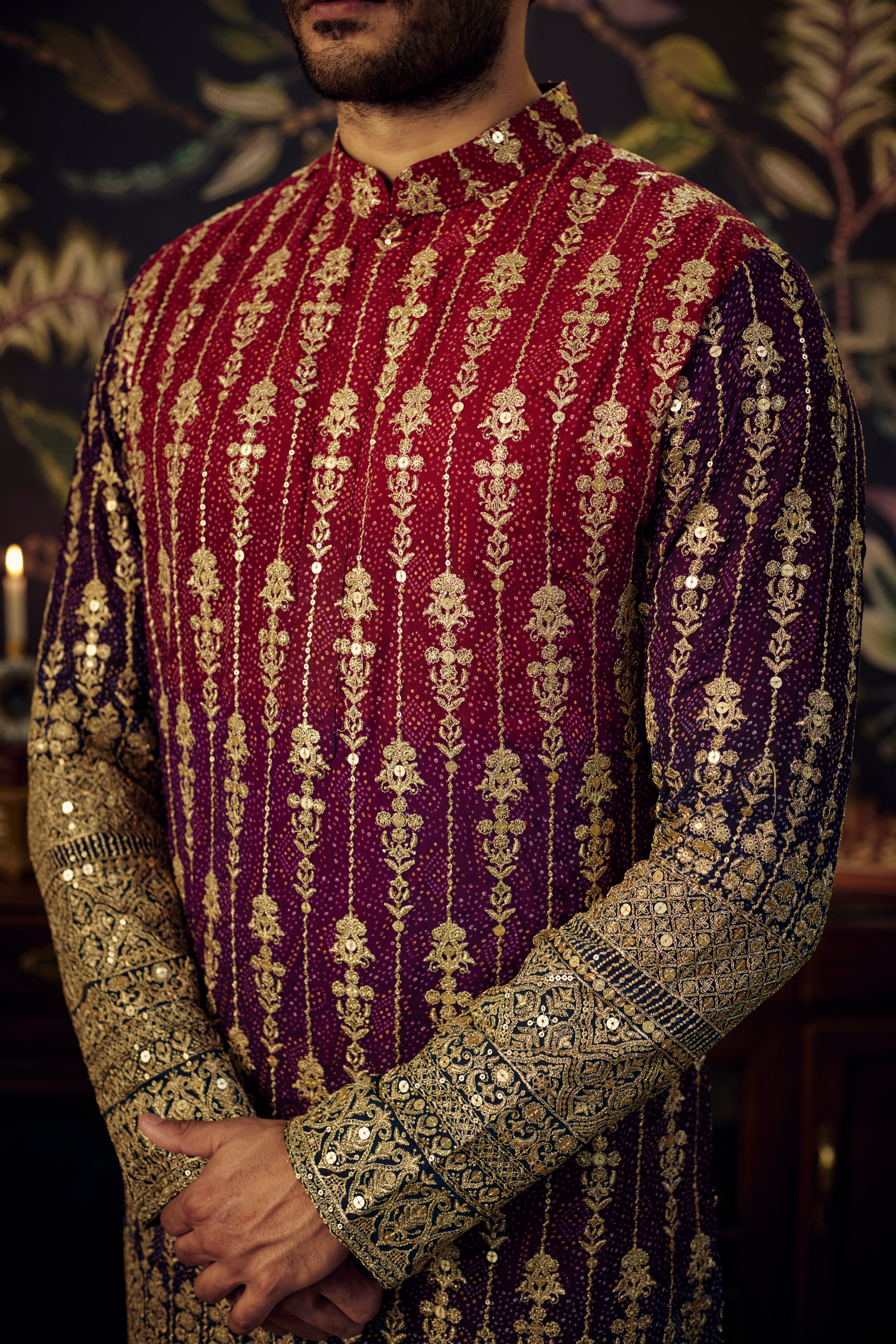 Elegant Maroon Purple Ombre Graded Kurta with Intricate Gota Embroidery - Perfect for Festivals, Weddings & Ethnic Fashion