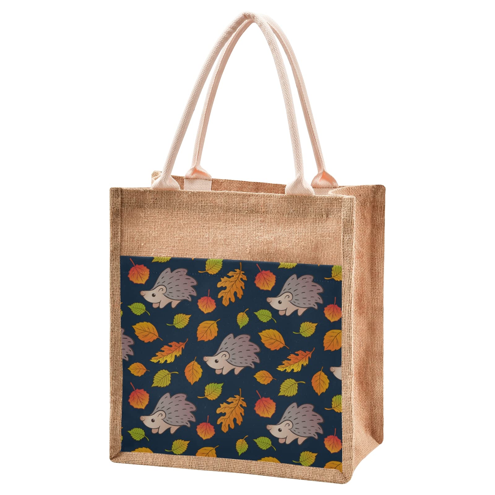 Stylish Sinestour Autumn Fall Leaves Hedgehog Jute Tote Bag - Eco-Friendly Burlap Handbag with Handle for Beach, Shopping & Groceries - Perfect Gift for Nature Lovers