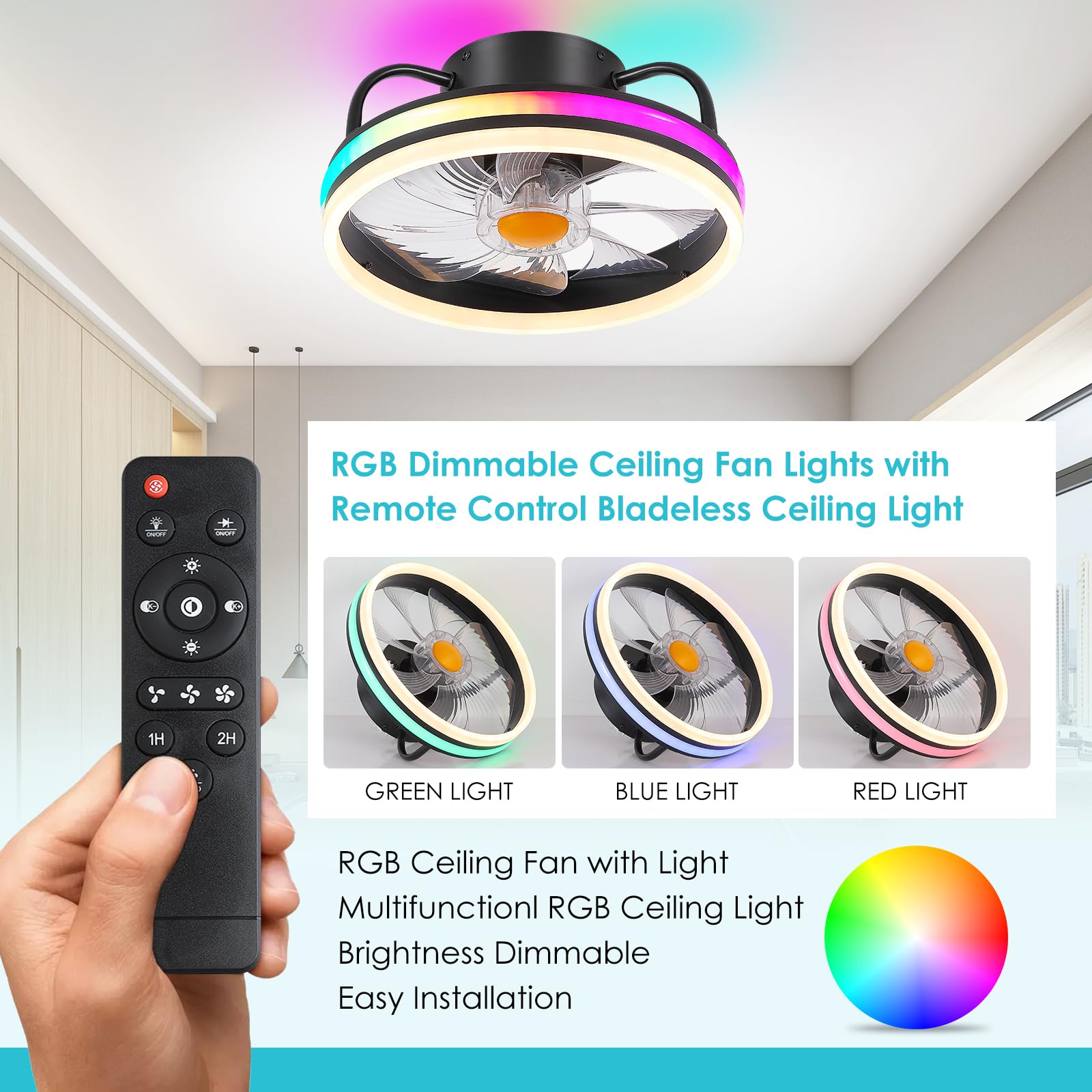 Modern Flush Mount Ceiling Fan with RGB Dimmable LED Light - 13