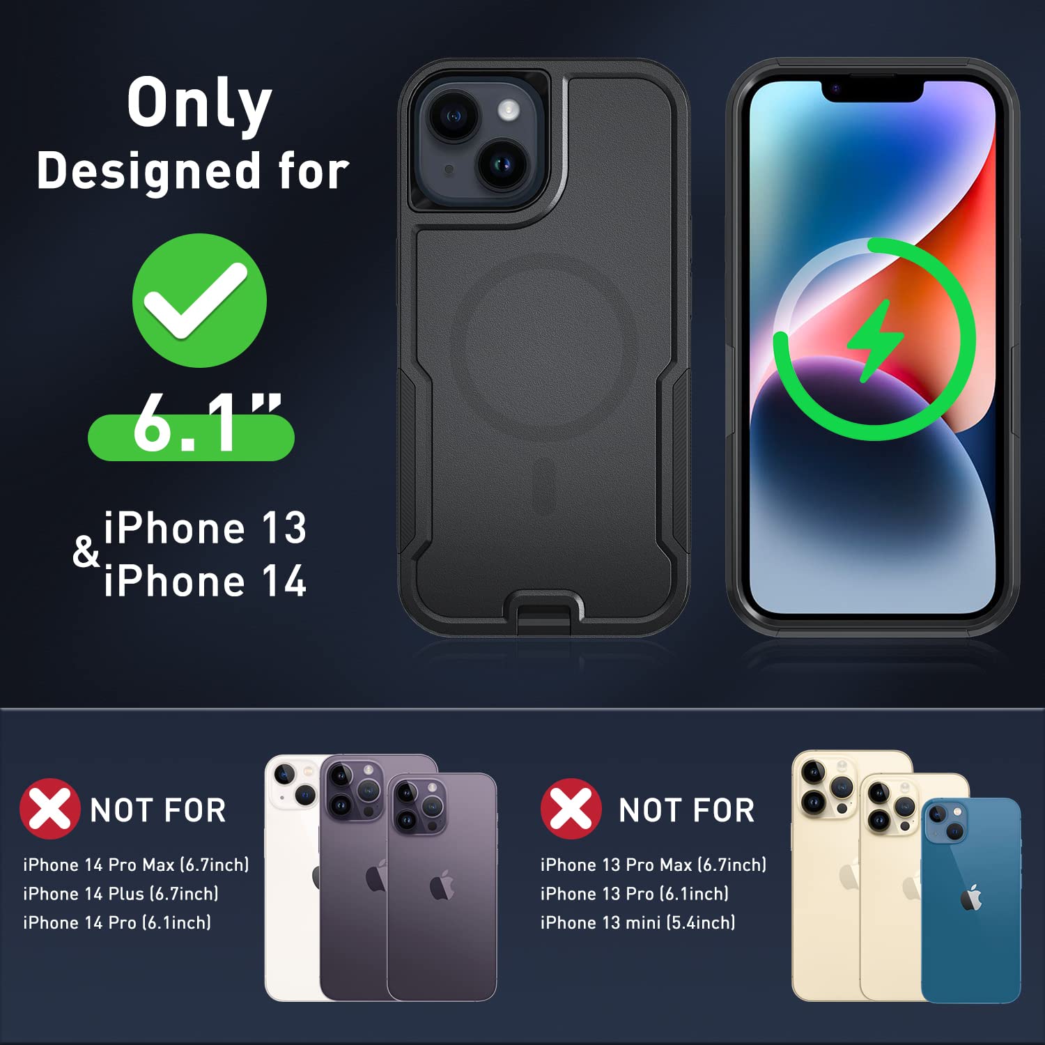 5-in-1 Magnetic Phone Case for iPhone 13/14 Pro Max - Heavy Duty Protective Cover with Belt Clip Holster & 2X Tempered Glass Screen Protectors (Black) | Perfect for Outdoor Work, Construction & Active Lifestyle