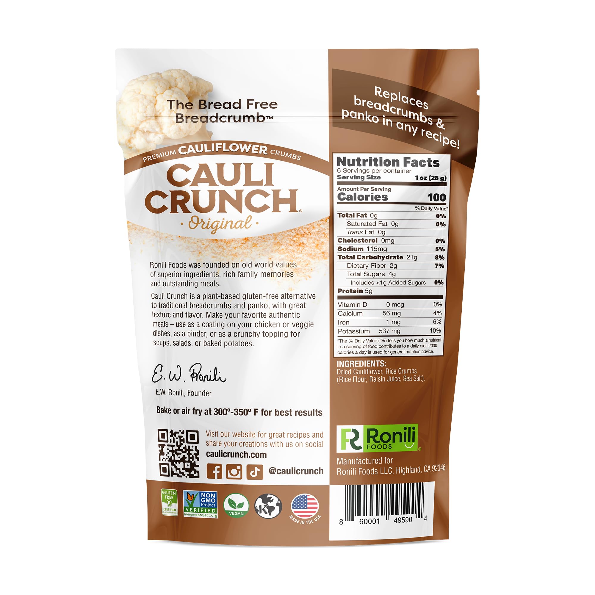 Cauli Crunch Original Gluten Free Cauliflower Bread Crumbs - Vegan, Kosher, Non-GMO Certified | All Natural Bread-Free Alternative for Cooking & Baking | Perfect for Chicken Tenders, Meatballs & Casseroles (2-Pack)