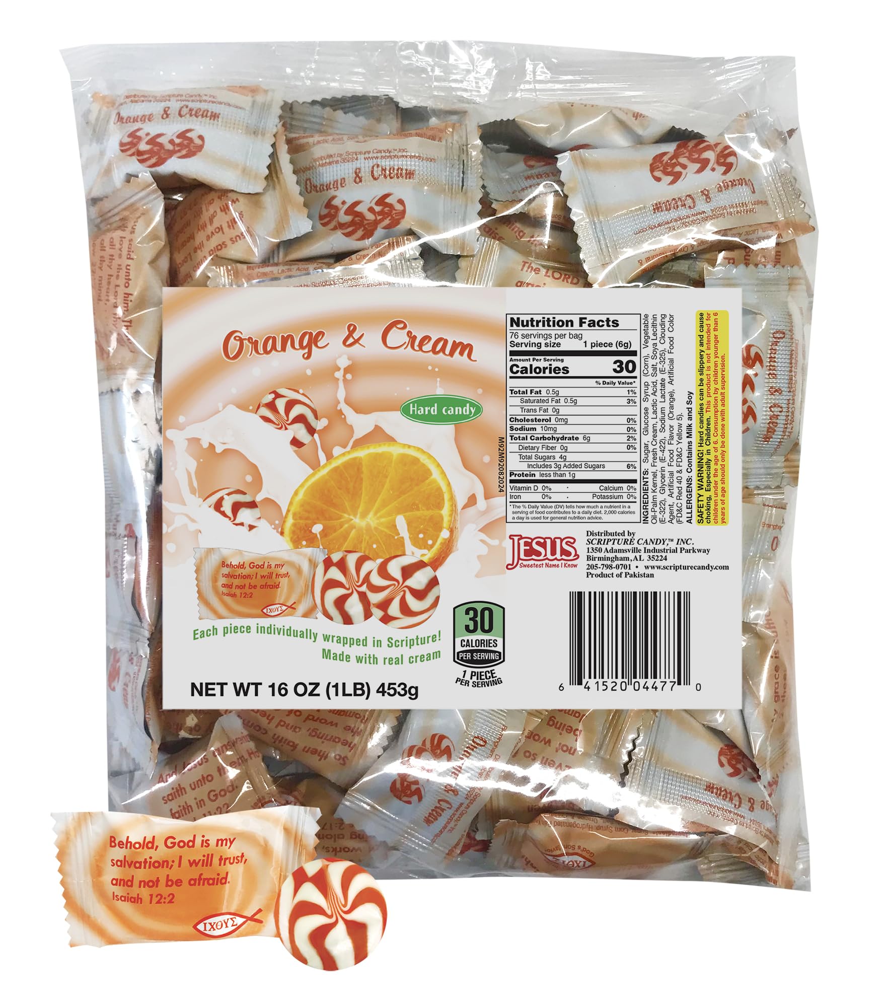 Scripture Candy - Orange & Cream Hard Candy 1 Pound Bag (75 Pieces) - Christian Gift, Bible Study Snack, Church Events & Family Gatherings