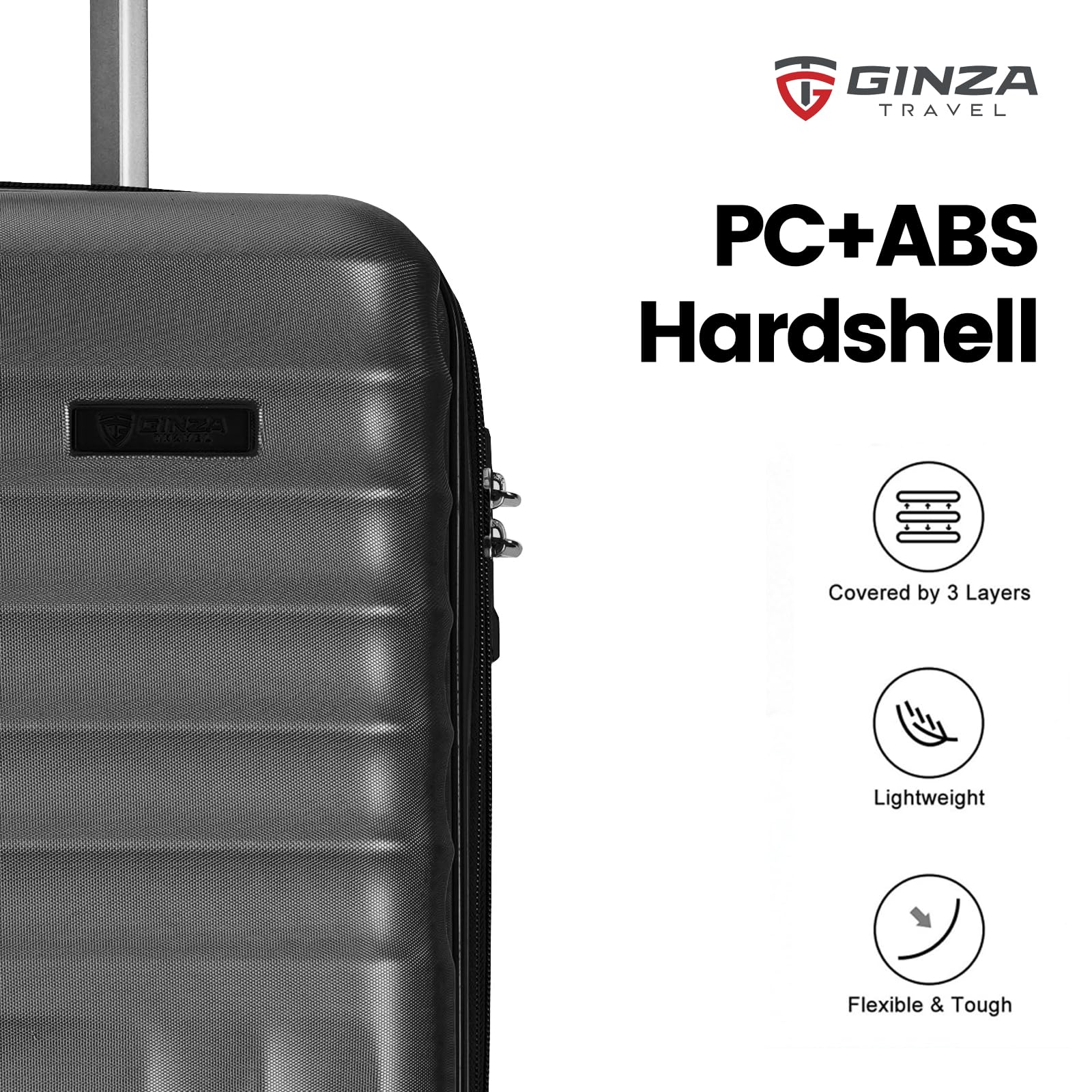 GinzaTravel 3-Piece Expandable Hardside Luggage Set with 4 Spinner Wheels, TSA Lock - Durable PC+ABS Suitcases for Travel, Business Trips & Family Vacations