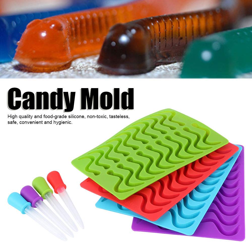 Premium Silicone Gummy Worm Molds Set of 4 - Candy, Chocolate & Ice Cube Trays with 4 Droppers - Perfect for DIY Treats, Baking Decorations & Party Favors