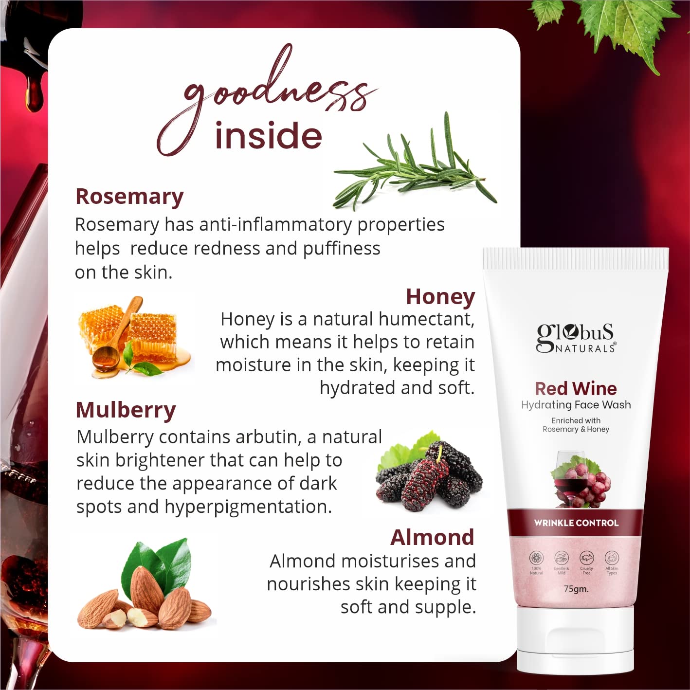 Globus Naturals Face Wash Combo Set of 2 - Skin Brightening Mulberry & Anti-Wrinkle Red Wine Facial Cleanser (75g Each) for Glowing, Youthful Skin | Daily Skincare Routine, Morning & Night Use