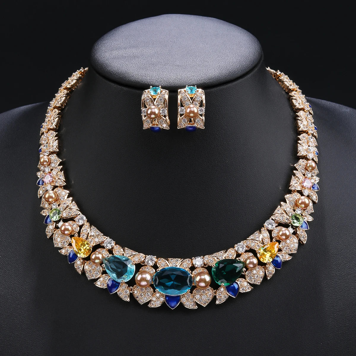 Luxury Cubic Zirconia Pearl Necklace & Earrings Set for Women - Elegant Bridal Wedding Jewelry - Perfect for Weddings, Parties, and Special Occasions