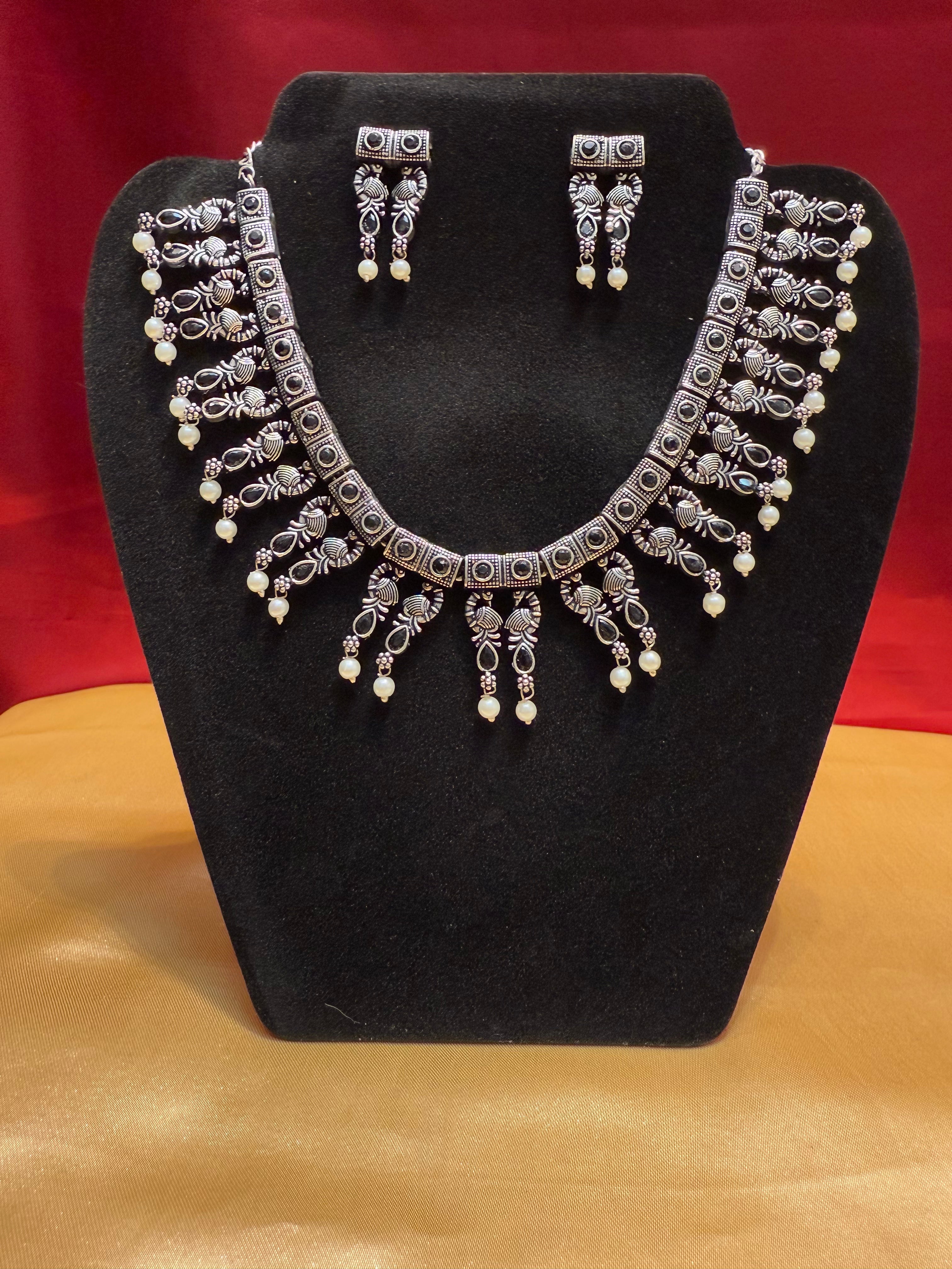 Elegant Black Oxidized Pearl Drop Necklace & Earrings Set - Perfect for Evening Parties, Weddings & Special Occasions