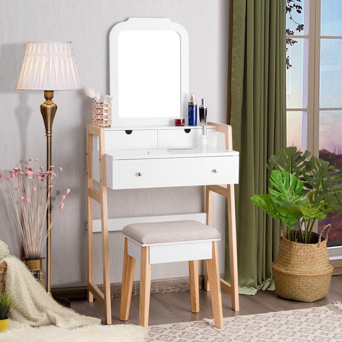 Charmaid 25-inch Vanity Set with 3 Drawers, Large Mirror & Cushioned Stool - Modern Makeup Dressing Table for Women & Girls, Space-Saving Design Perfect for Small Apartments, Bedrooms & Dorm Rooms