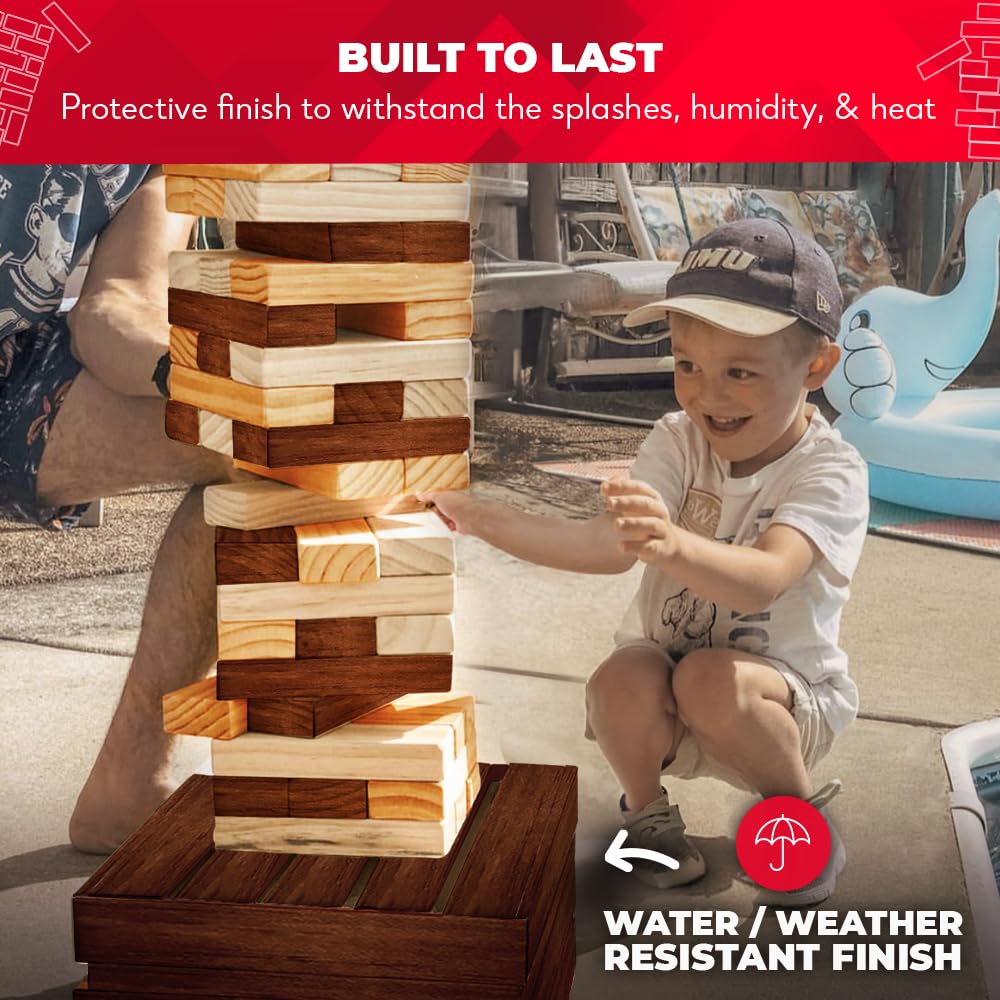 SWOOC Games - Reclaimed Giant Tower (Weather Resistant) 60 Blocks + Storage Crate | Outdoor Stacking Game for Adults & Families | Perfect for Backyard, Beach, and Camping Fun | Builds up to 5ft Tall