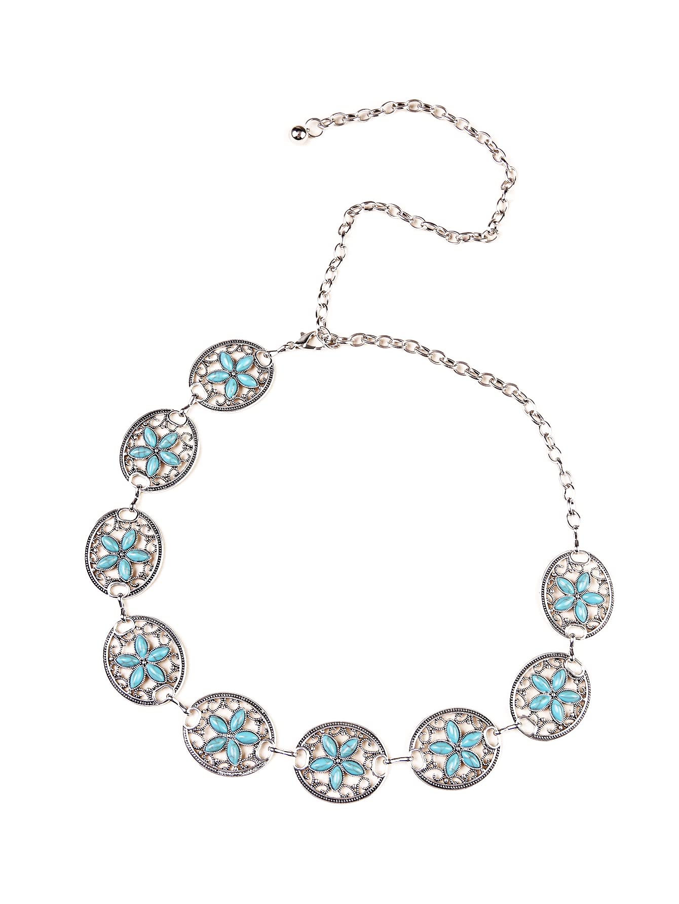 Women's Western Flower Turquoise Concho Chain Belt - Adjustable Metal Stone Waist Belt for Cowgirl Style | Perfect for Country Dance, Rodeo, and Western Fashion Outfits