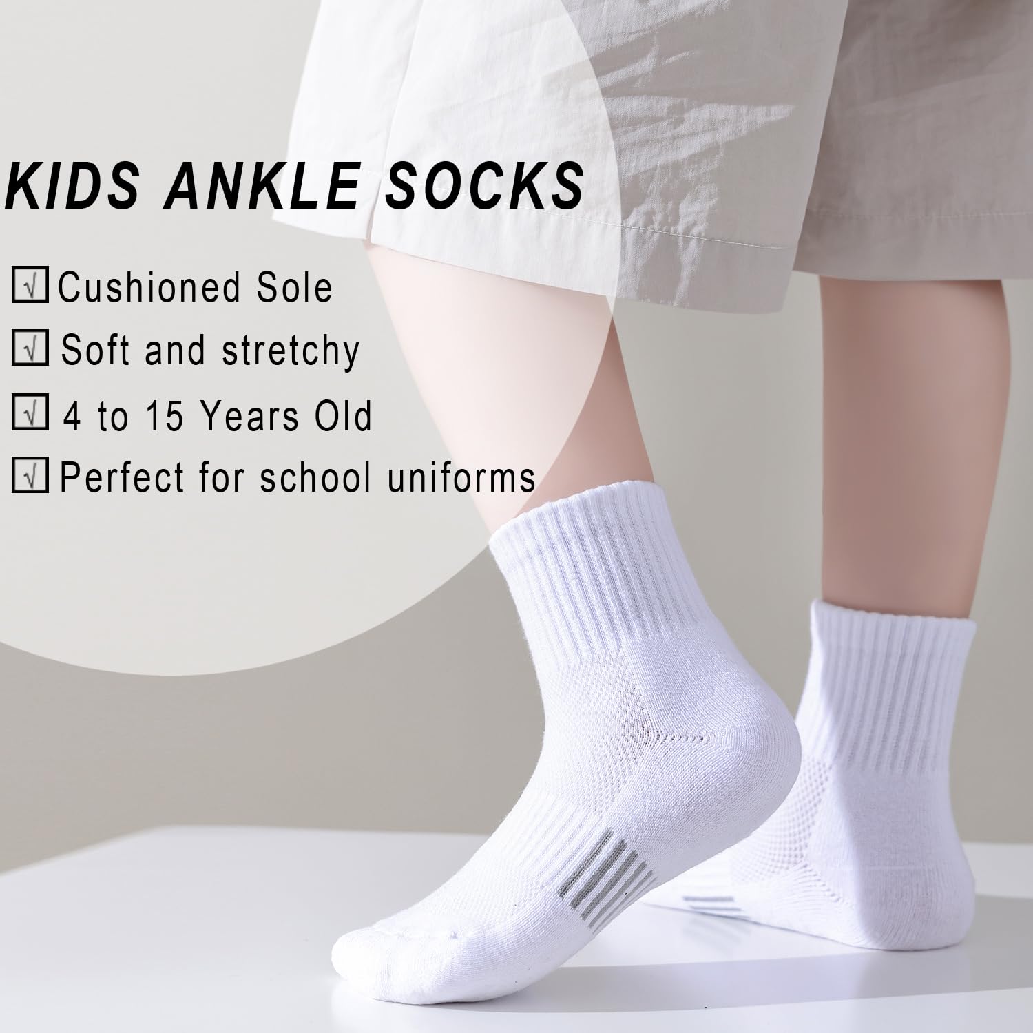 EPEIUS Kids Girls' Cushioned Running Socks - Thick Cotton Athletic Ankle Socks for Sports & Play - Comfortable Quarter Socks for Ages 5-15 - Perfect for School, Gym & Everyday Wear
