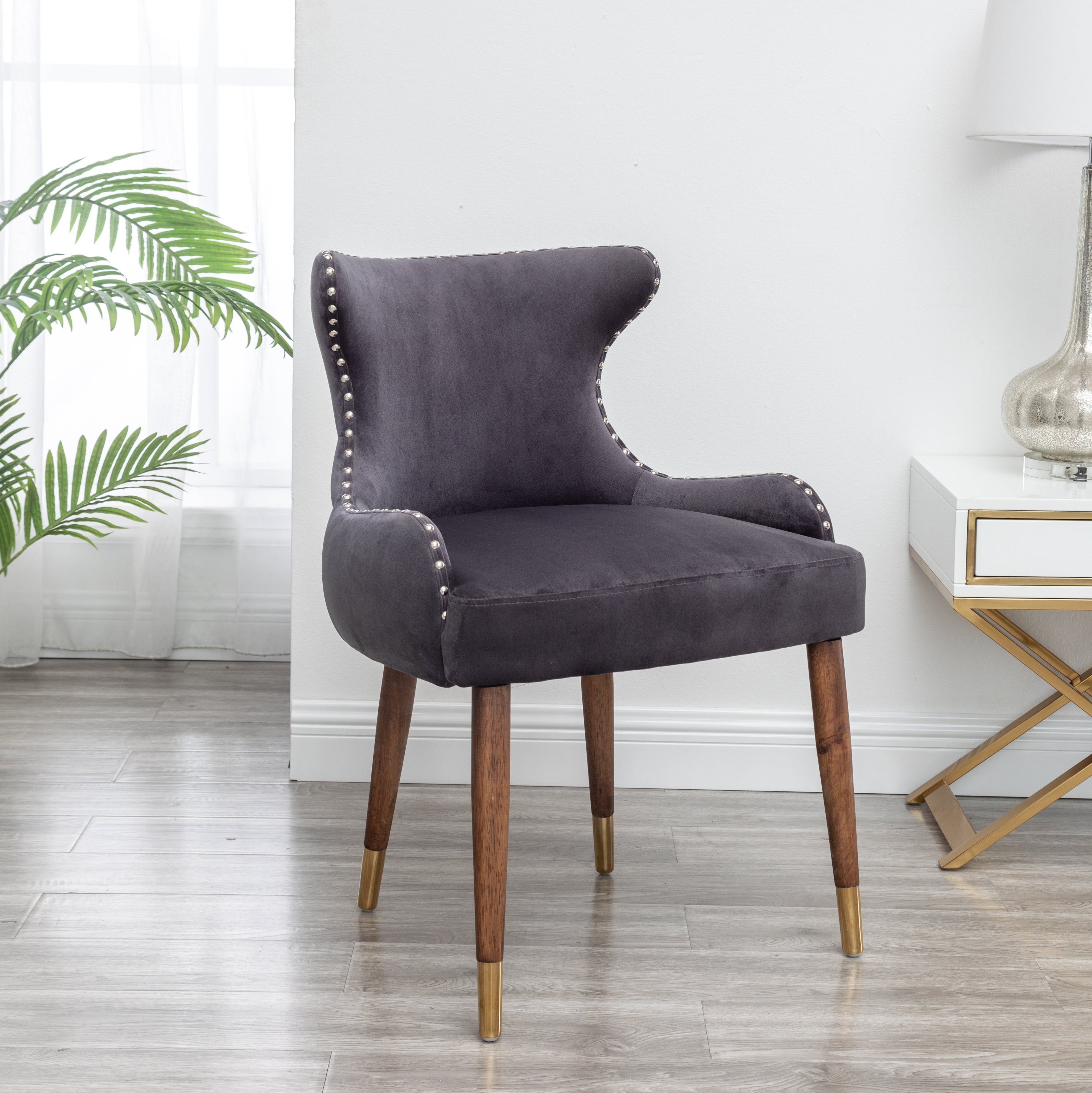 Roundhill Furniture Lindale Contemporary Velvet Upholstered Nailhead Trim Accent Chair in Gray - Modern Living Room Seating for Home Office, Lounge & Bedroom Decor