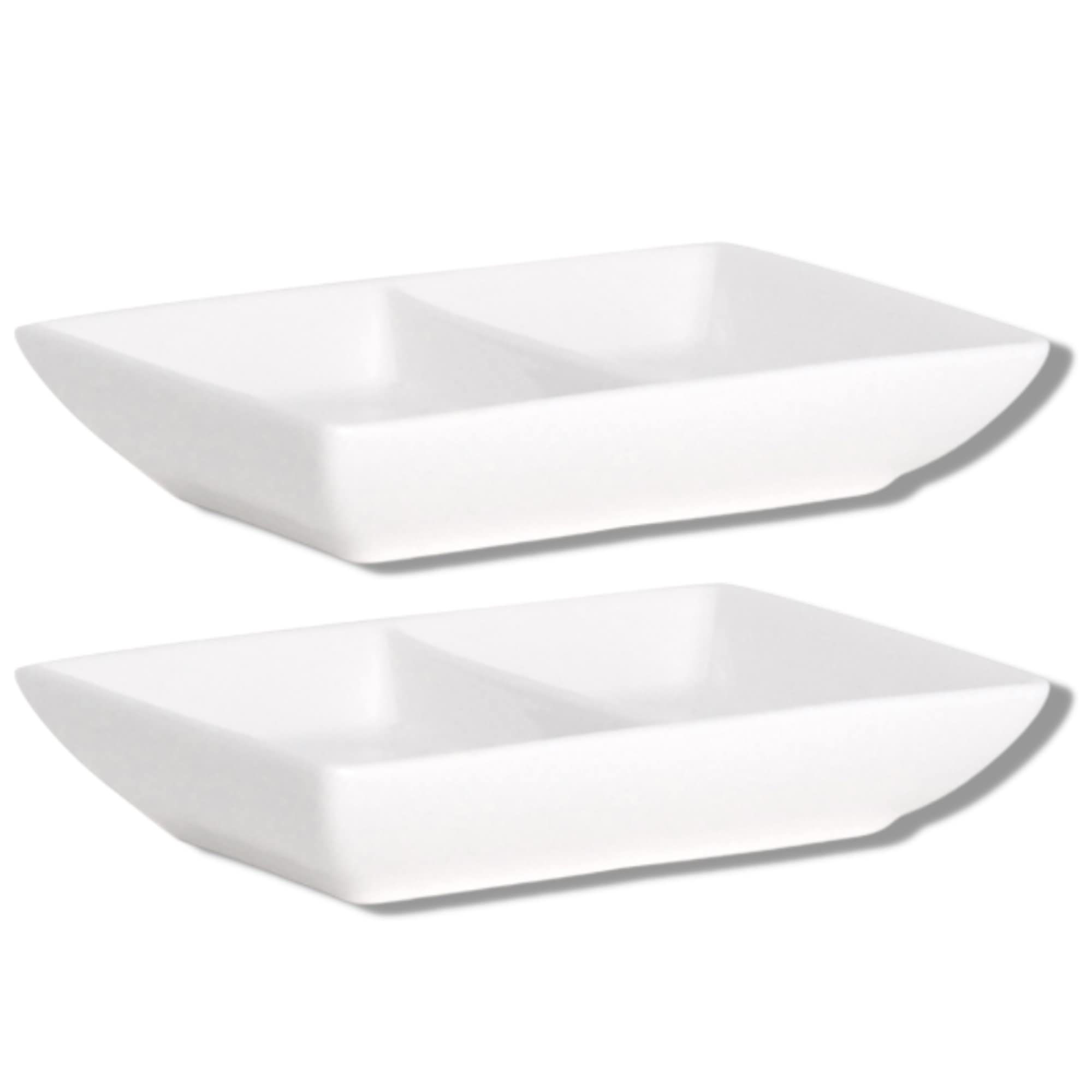 Needzo White Ceramic Divided Dish - 2 Compartment Dipping Sauce Bowl & Appetizer Tray for Parties, Snacks, Sushi, Charcuterie (4 Inch, Pack of 2) - Perfect for Entertaining, Restaurants & Home Use