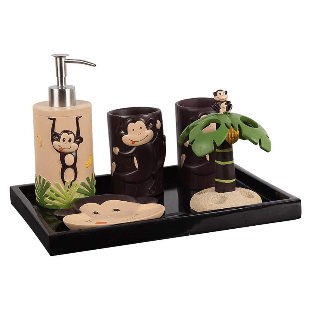 5-Piece Cute Monkey Bathroom Accessories Set - Soap Dispenser, Lotion Dispenser, Toothbrush Holder & Tumbler Cup | Perfect for Bathroom, Kitchen & Guest Room Organization
