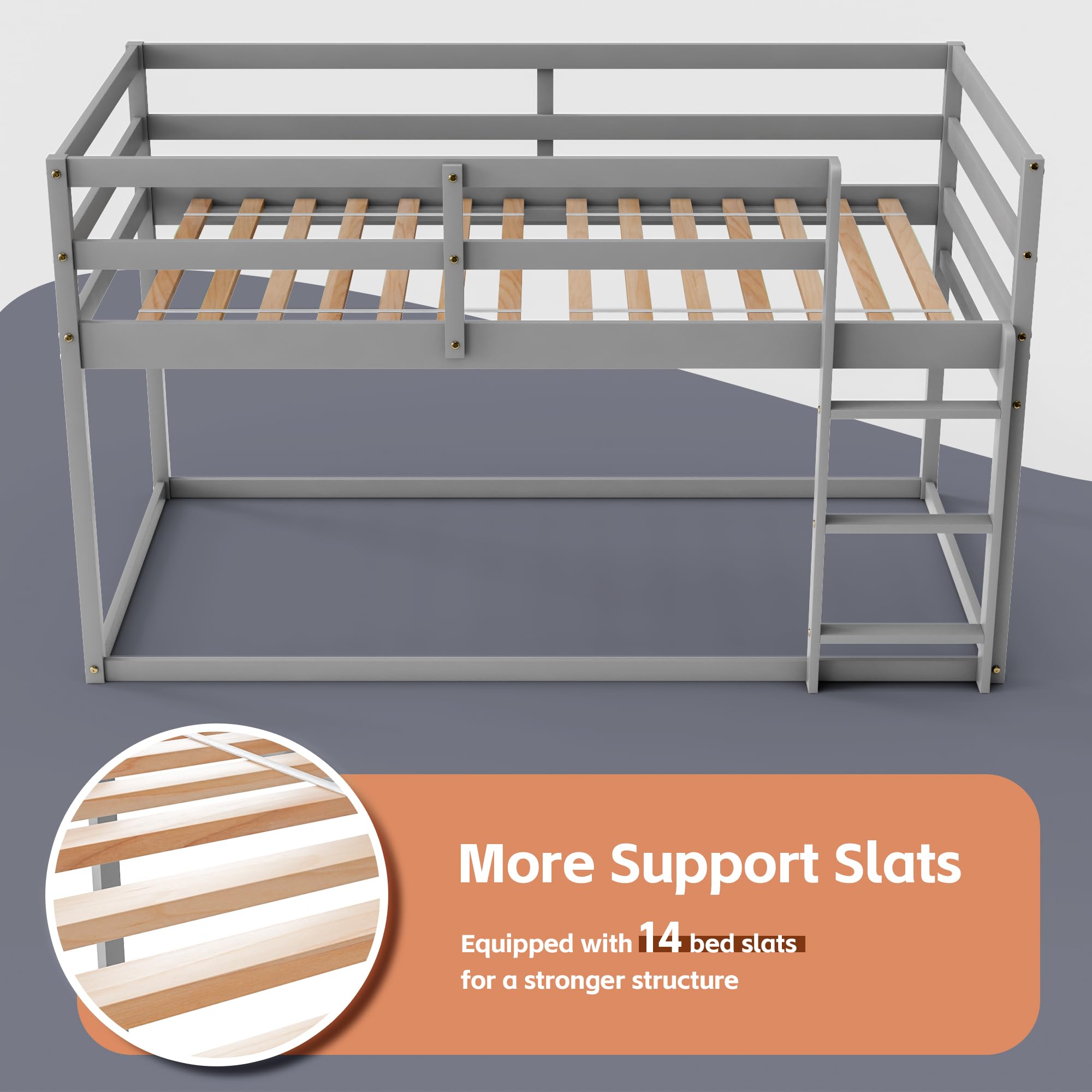 Low Bunk Bed Twin Over Twin with Ladder & Full Guardrails - Sturdy Wooden Junior Bunk Bed for Boys, Girls & Kids - Space-Saving Bedroom Furniture (Grey) - Perfect for Small Rooms, Shared Kids' Bedrooms & Sleepovers
