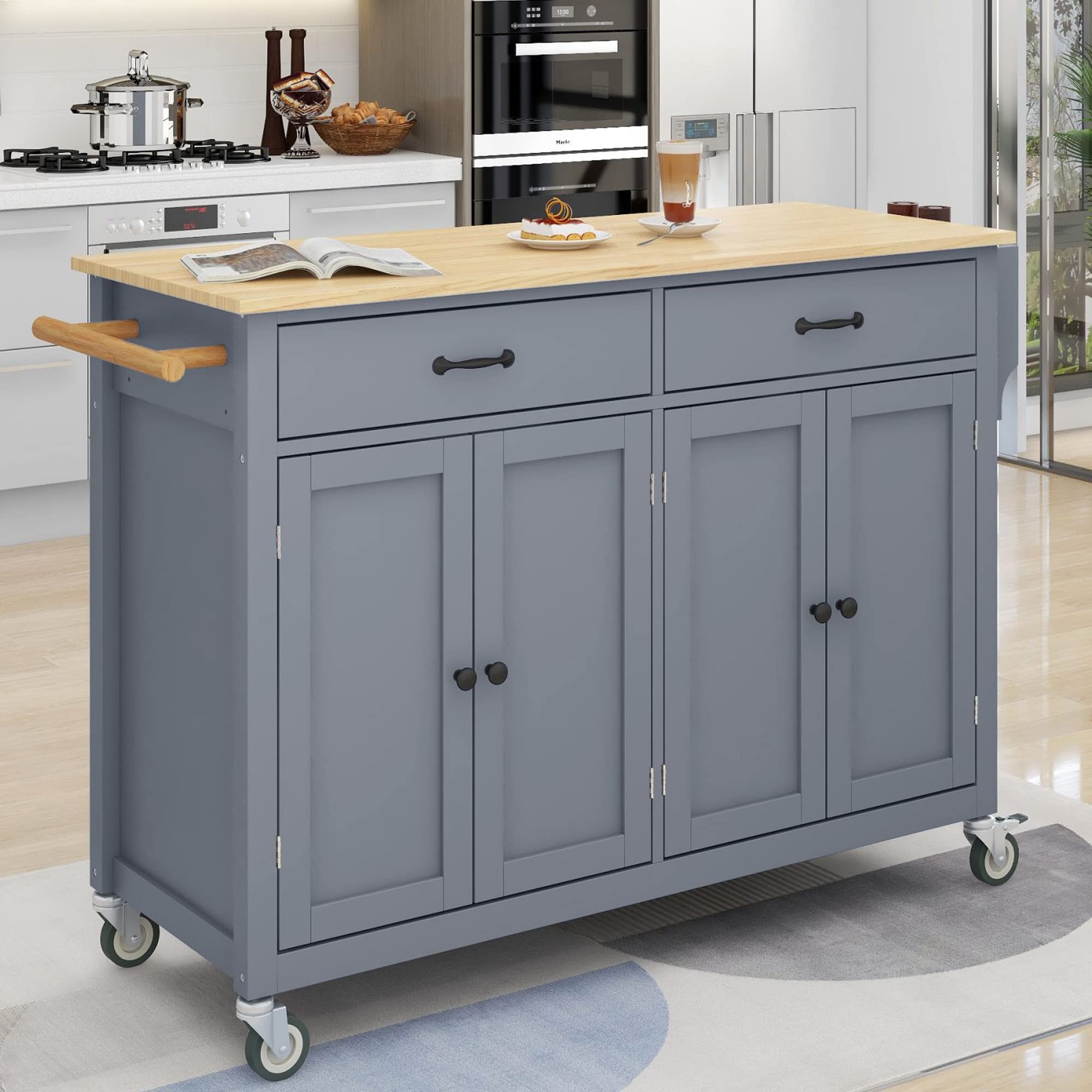 P PURLOVE Wood Kitchen Island Cart with Locking Wheels - Rolling Utility Cart with 2 Drawers, 4 Door Cabinet, Storage Shelf, Spice Rack & Towel Rack - Perfect for Small Kitchens, Pantry Organization & Mobile Cooking Station